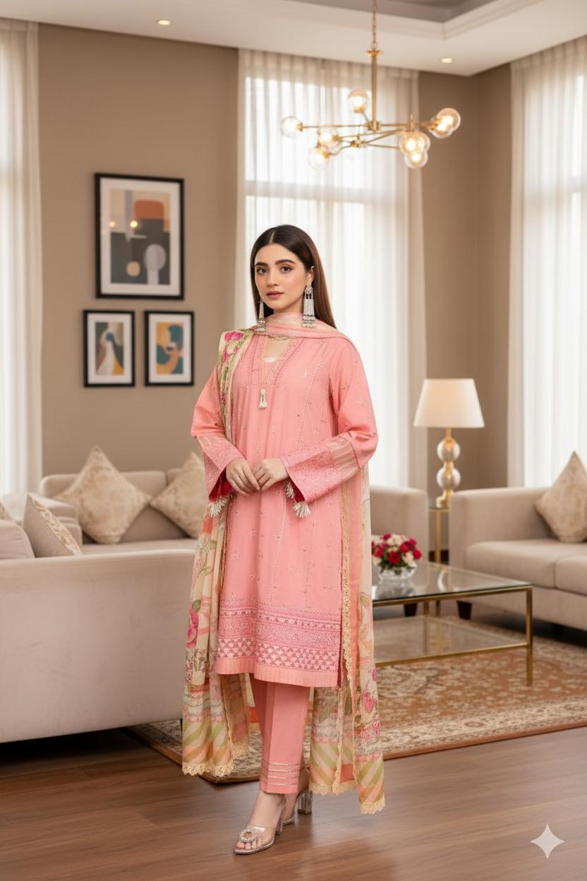 Saadia Ahmed LWSU-25CK303 ChikanKari Peach