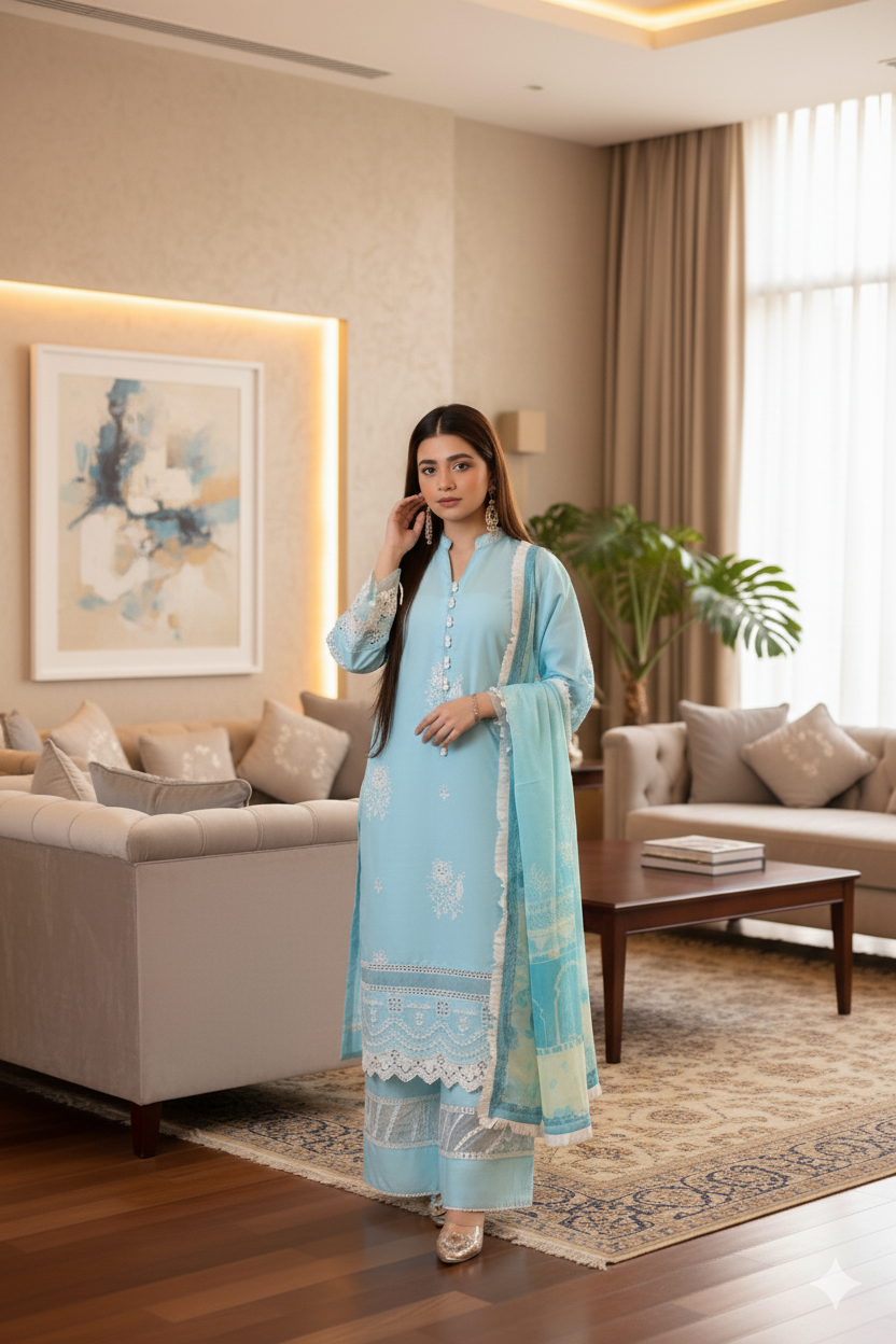 Saadia Ahmed LWSU-25CK305 ChikanKari Blue