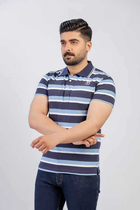 Latest Navy Blue & Light Blue Stripe Polo Shirt Pakistan