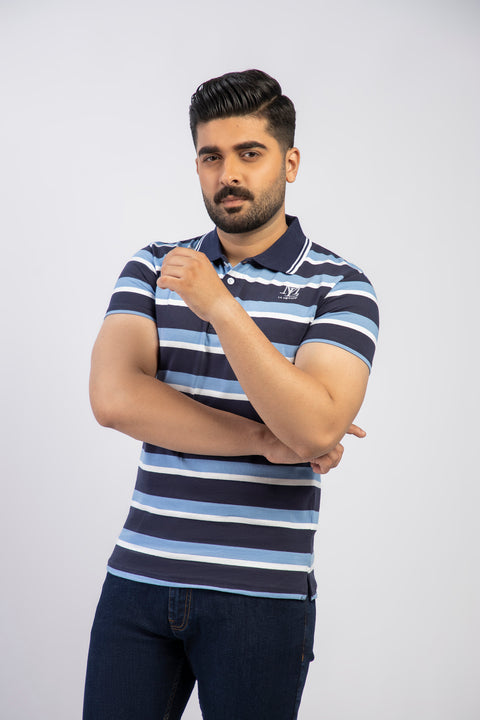 Latest Navy Blue & Light Blue Stripe Polo Shirt Pakistan