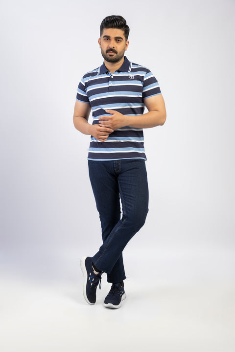 Latest Navy Blue & Light Blue Stripe Polo Shirt Pakistan