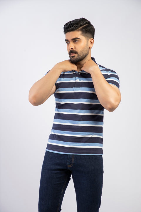 Latest Navy Blue & Light Blue Stripe Polo Shirt Pakistan