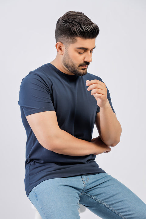 Navy Blue Round Neck Plan t-shirt (Premium)