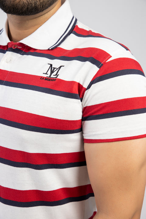 Latest Red & White Stripe Basic Polo Shirt Pakistan