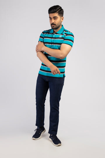 Latest Sea Blue & Black Stripe Basic Polo Shirt Pakistan