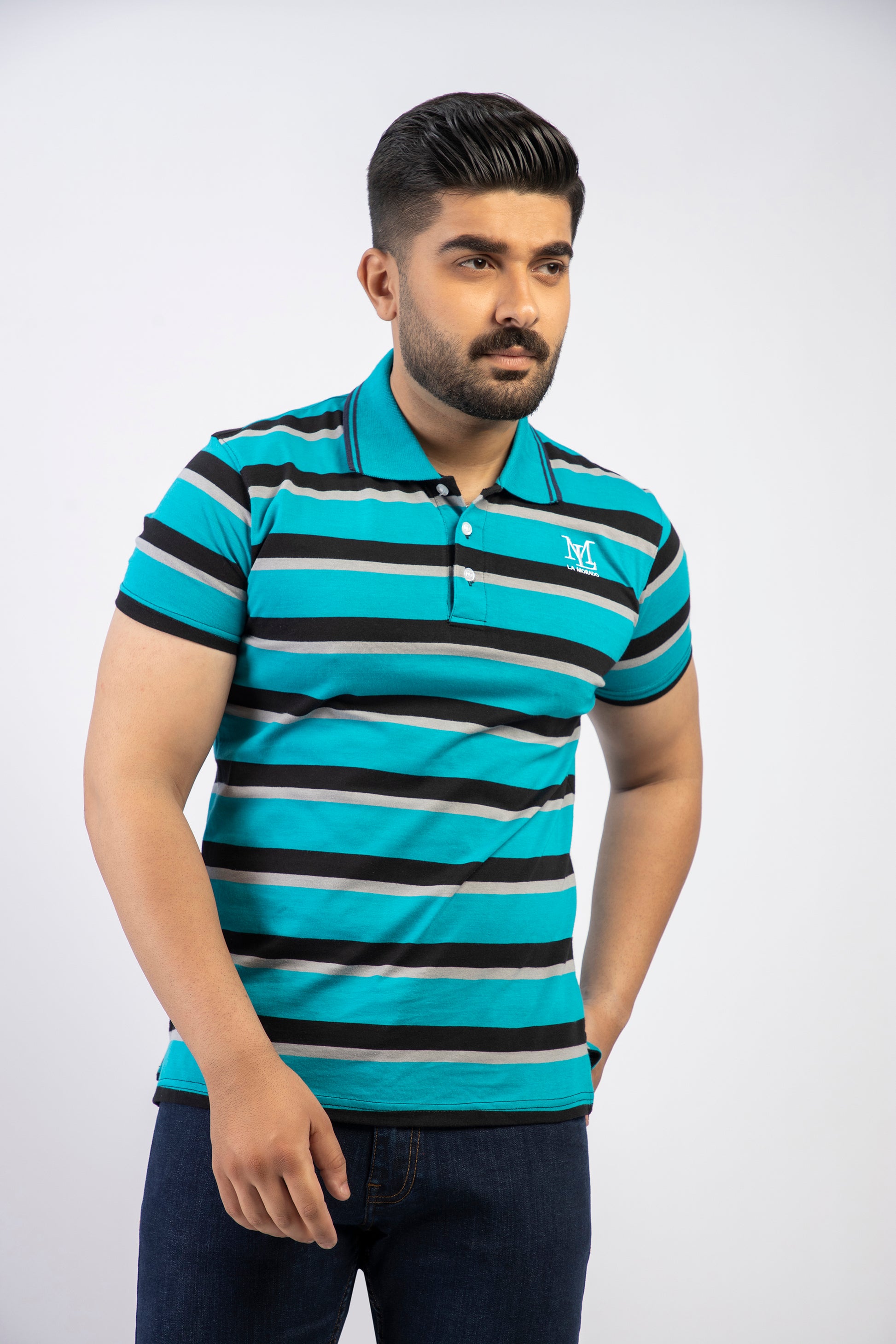 Latest Sea Blue & Black Stripe Basic Polo Shirt Pakistan