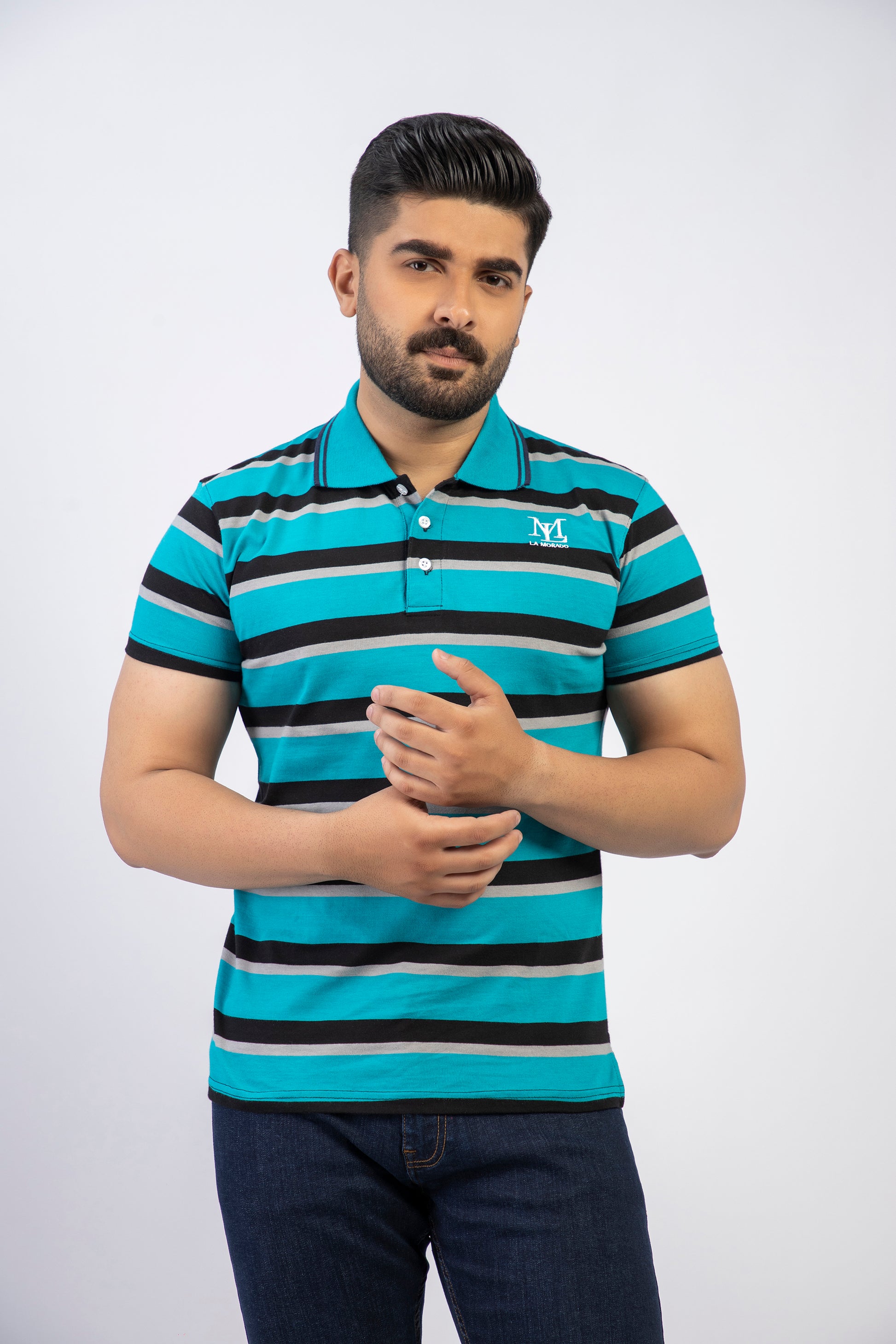 Latest Sea Blue & Black Stripe Basic Polo Shirt Pakistan