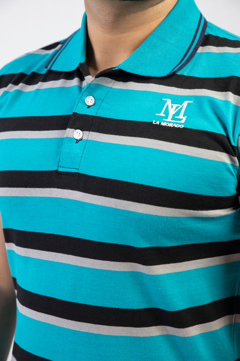 Latest Sea Blue & Black Stripe Basic Polo Shirt Pakistan