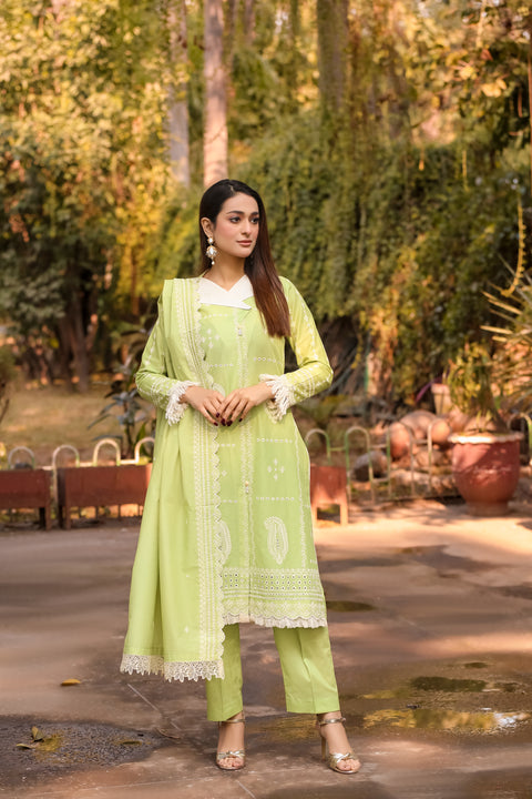 Saadia Ahmed LWSU-25CK301 ChikanKari Lime Green Outfit with Embroidered Design and Elegant Lace Trim