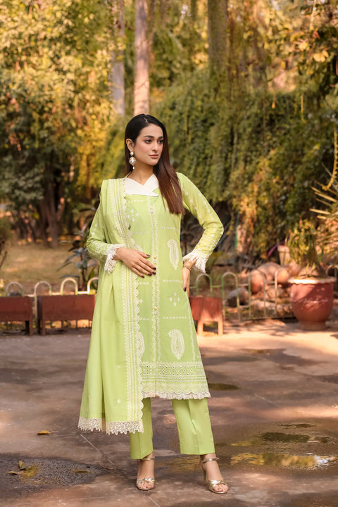 Saadia Ahmed LWSU-25CK301 ChikanKari Lime Green outfit with intricate embroidery and elegant design