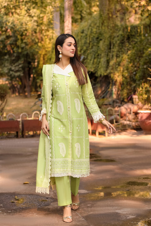 Saadia Ahmed LWSU-25CK301 ChikanKari Lime Green Suit with Intricate Embroidery and Elegant Design