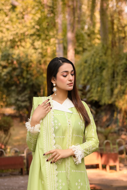 Saadia Ahmed LWSU-25CK301 ChikanKari Lime Green Outfit with Intricate Embroidery and Elegant Design