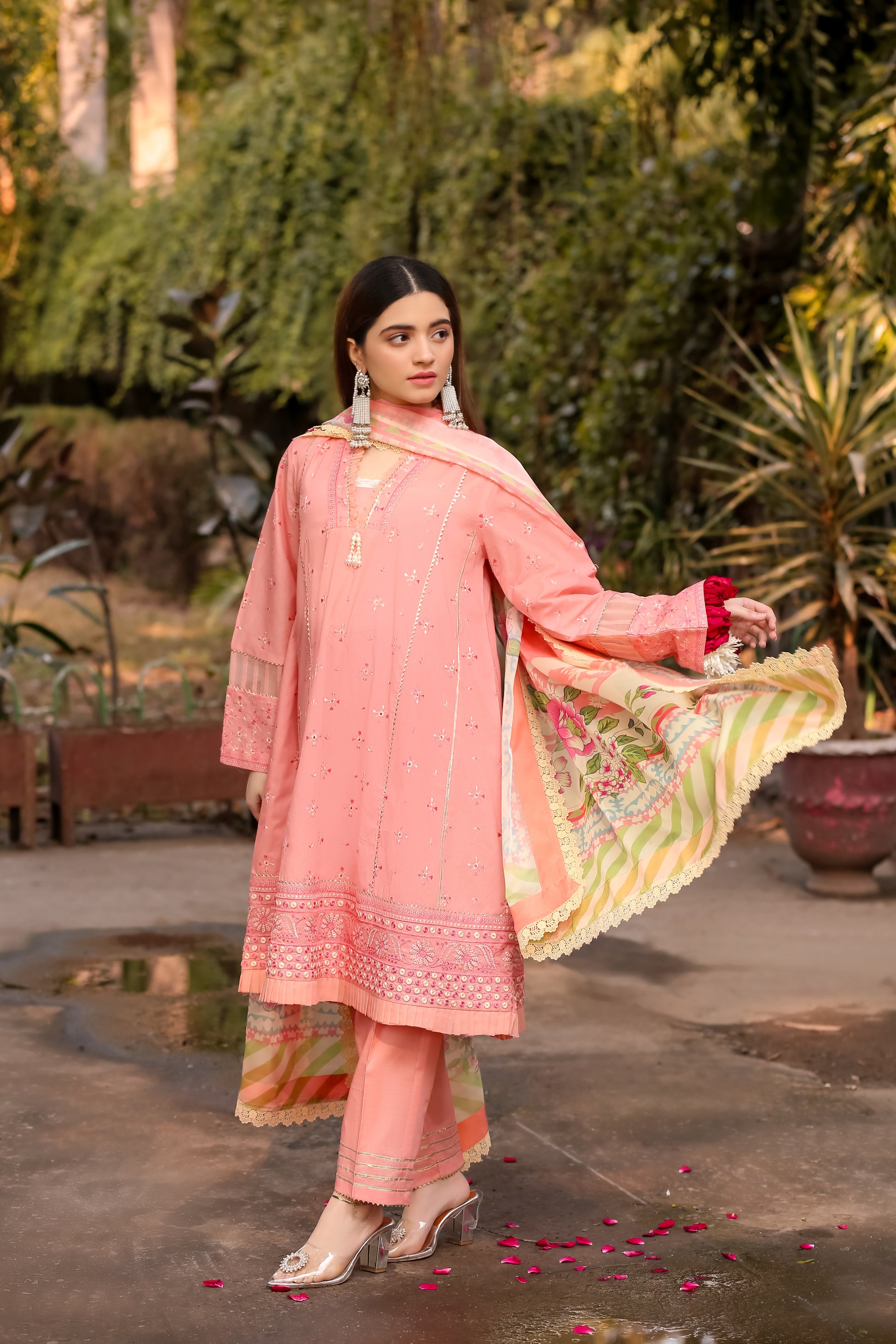 Saadia Ahmed LWSU-25CK303 ChikanKari Peach Dress with Floral Details and Embroidered Design