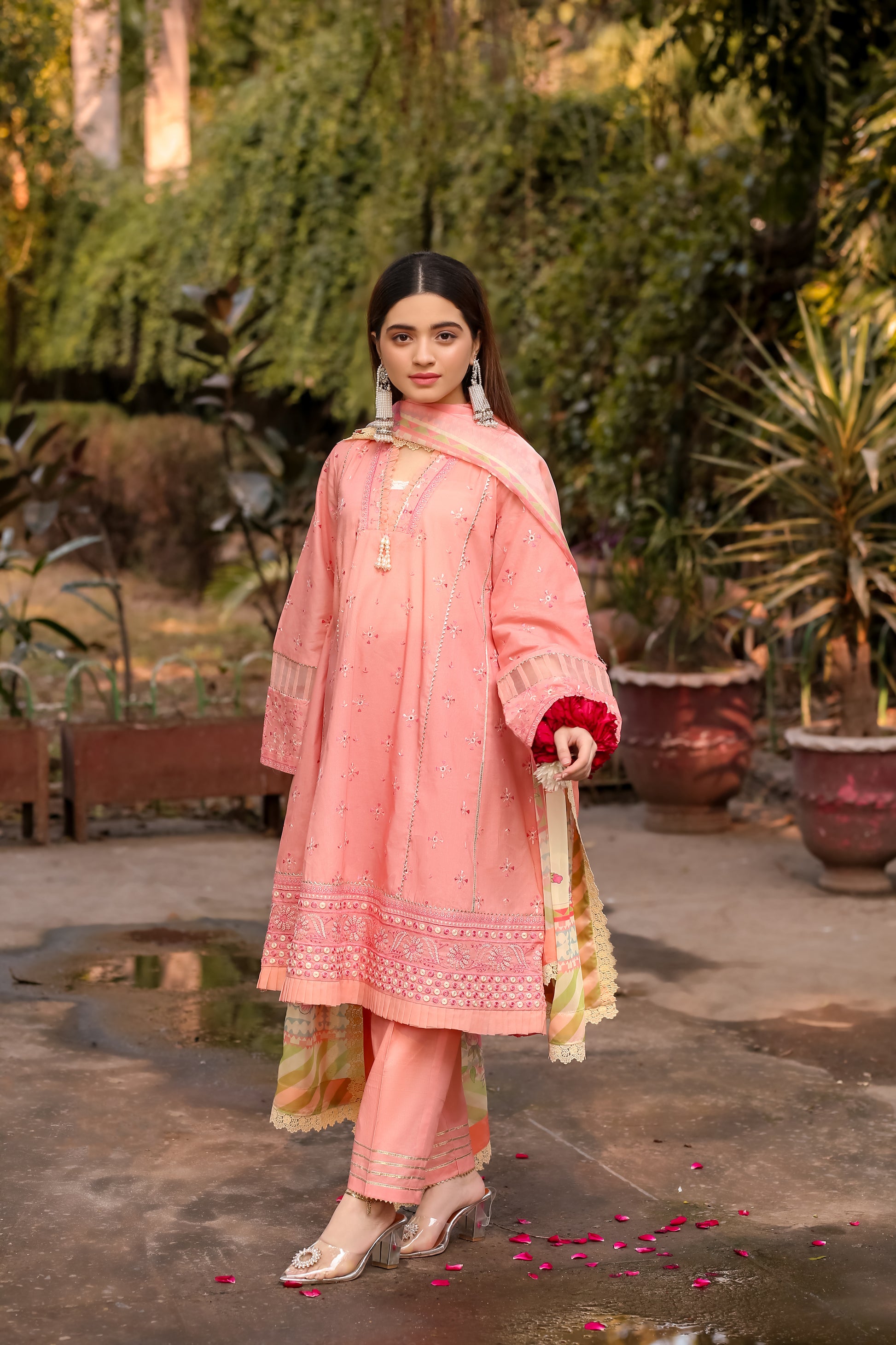Saadia Ahmed LWSU-25CK303 ChikanKari Peach Dress with Embroidery and Modern Styling for Elegant Occasions