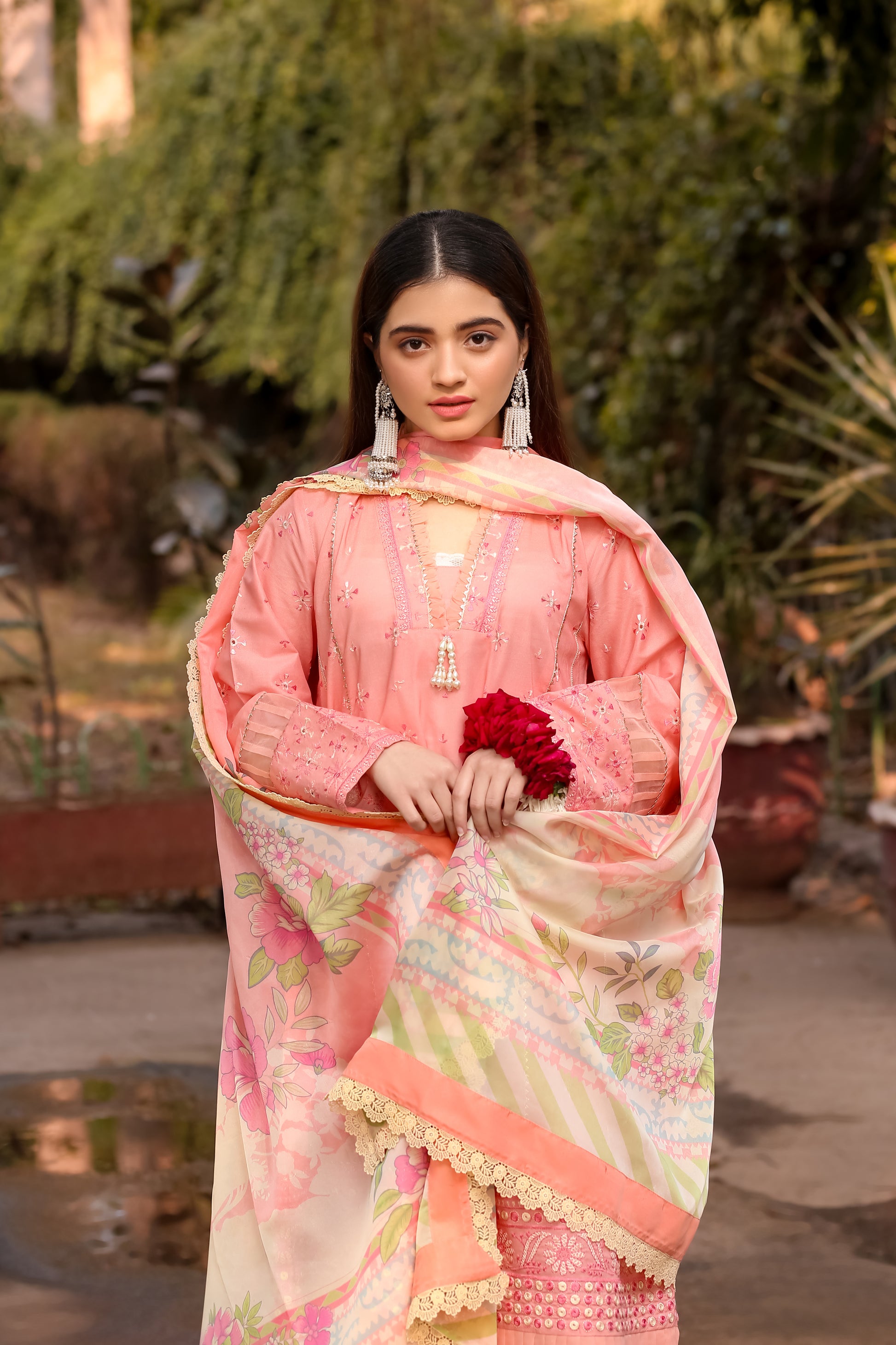 Saadia Ahmed LWSU-25CK303 ChikanKari Peach outfit featuring intricate embroidery and a colorful dupatta