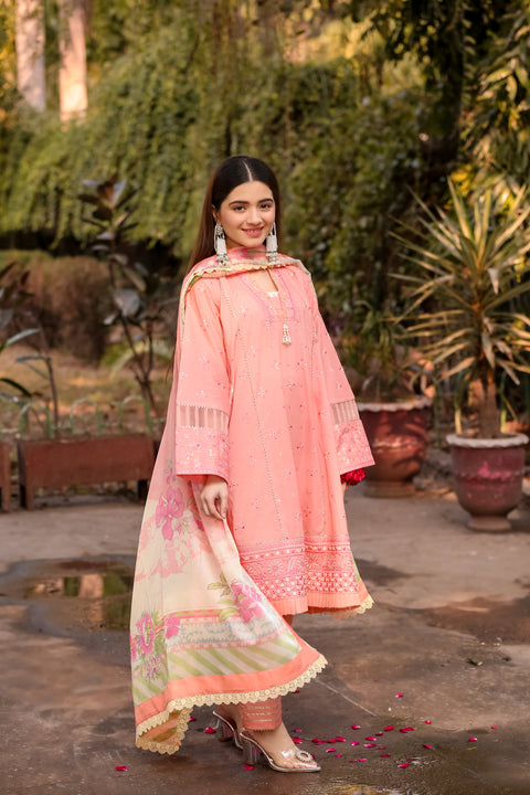 Saadia Ahmed LWSU-25CK303 ChikanKari Peach Dress with Intricate Embroidery and Elegant Design