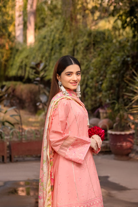 Saadia Ahmed LWSU-25CK303 ChikanKari Peach Dress with Intricate Embroidery and Accessory Styling
