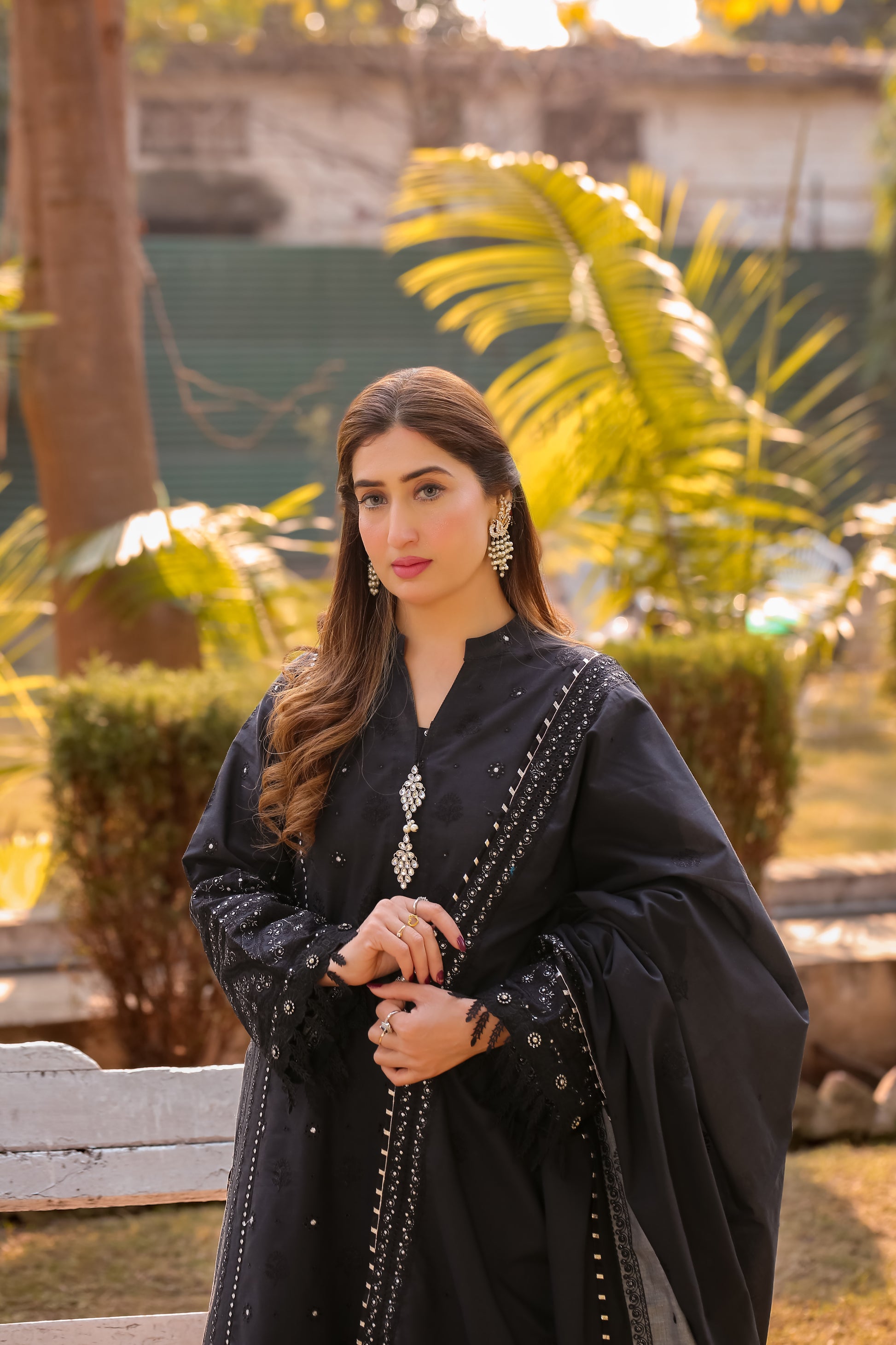Saadia Ahmed LWSU-25CK304 ChikanKari Black Outfit with Elegant Embroidery and Statement Earrings