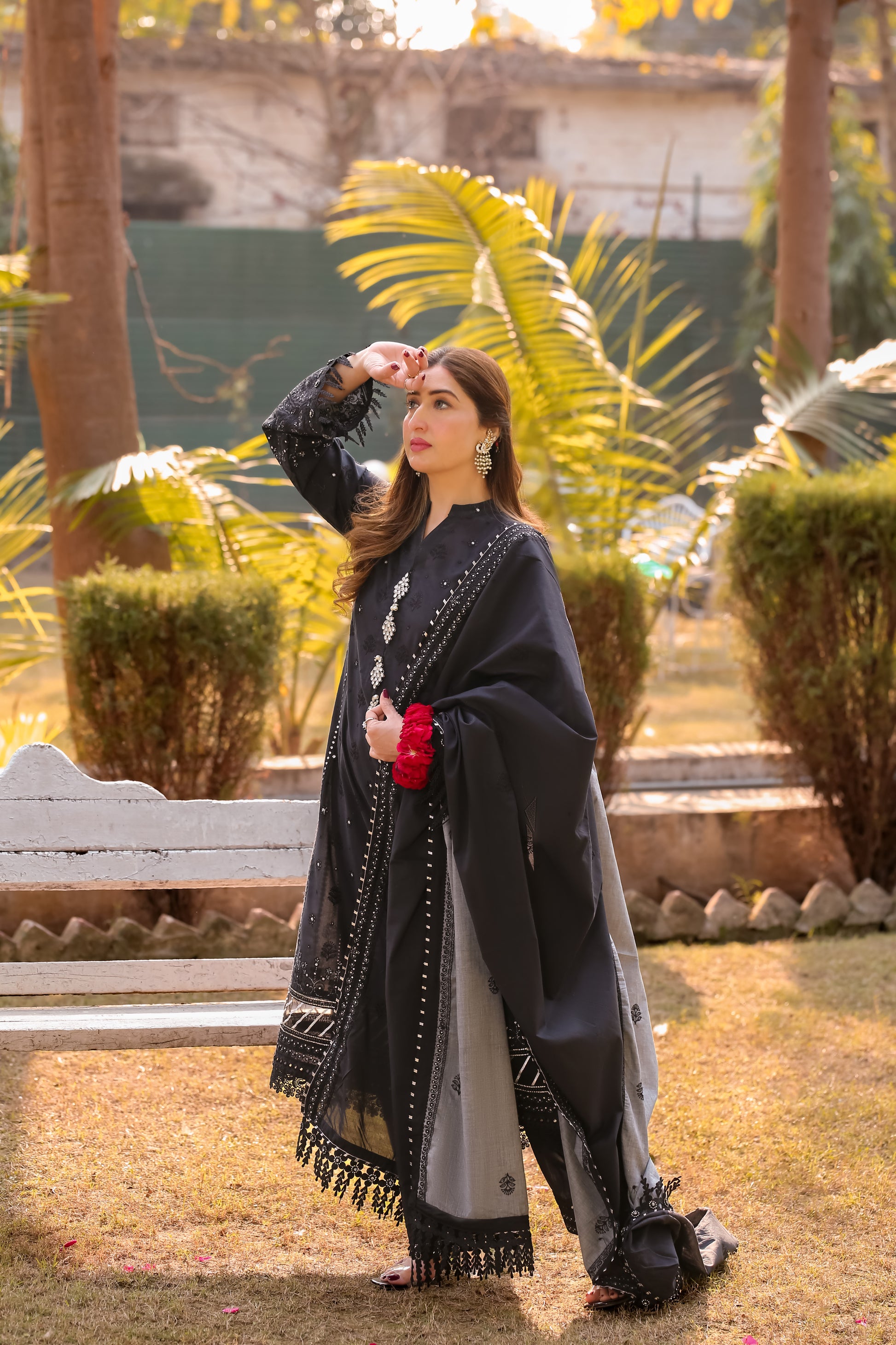 Saadia Ahmed LWSU-25CK304 ChikanKari Black outfit featuring intricate embroidery and a stylish drape