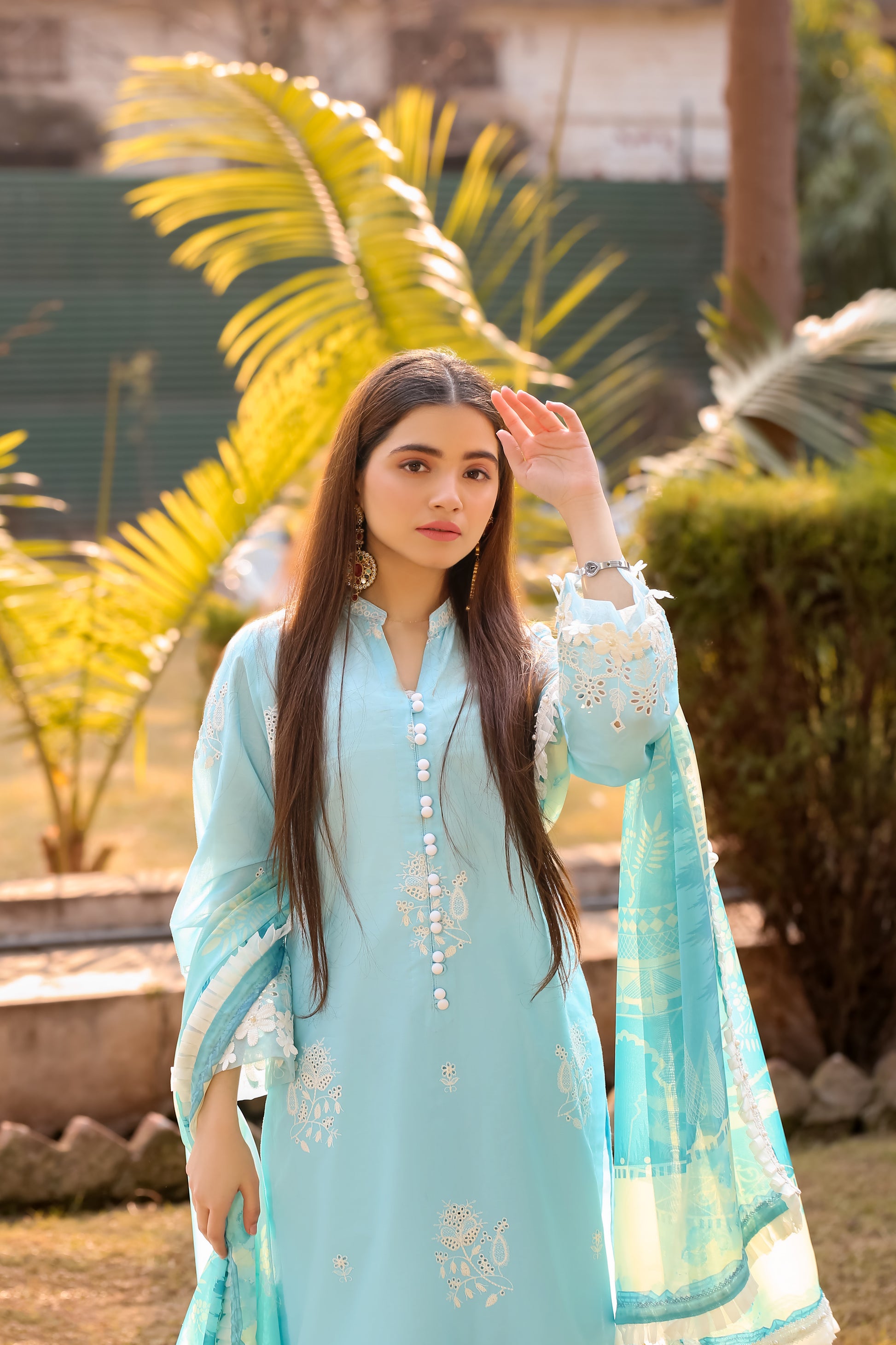 Saadia Ahmed LWSU-25CK305 ChikanKari Blue dress with intricate embroidery and flowing sleeves