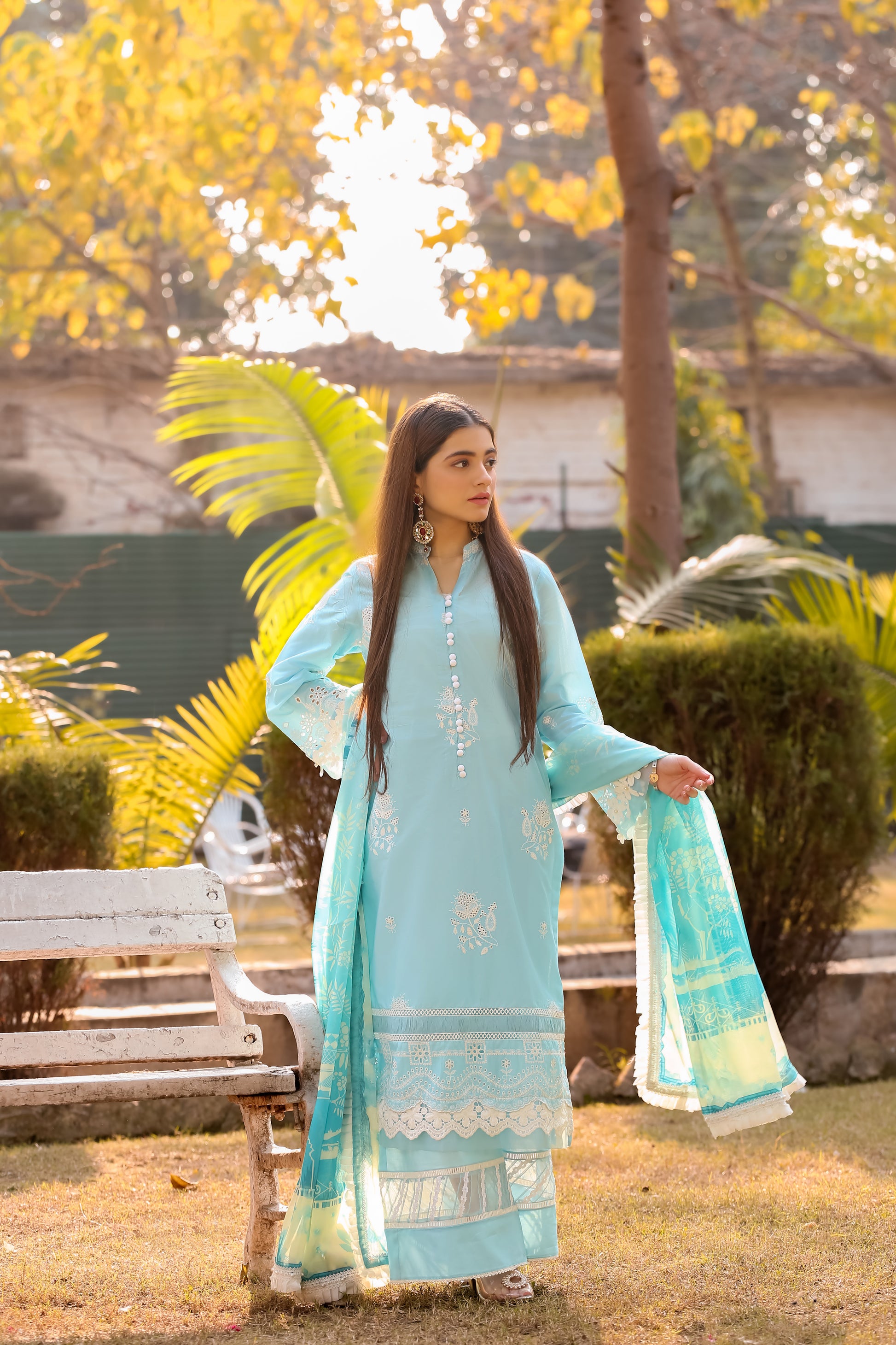 Saadia Ahmed LWSU-25CK305 ChikanKari Blue Ethnic Dress with Elegant Embroidery and Flowing Chiffon Dupatta