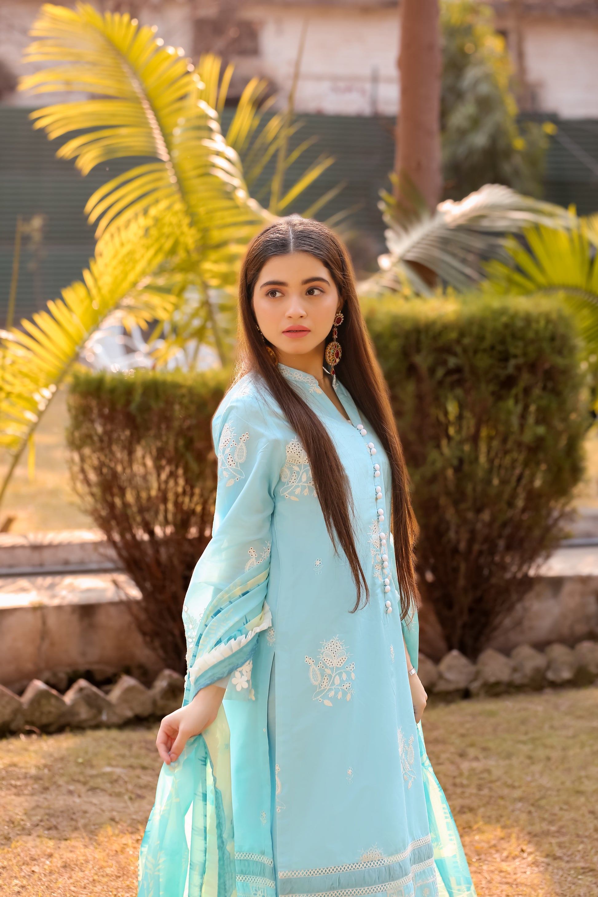 Saadia Ahmed LWSU-25CK305 ChikanKari Blue Long Kurta with Elegant Embroidery and Sheer Sleeves