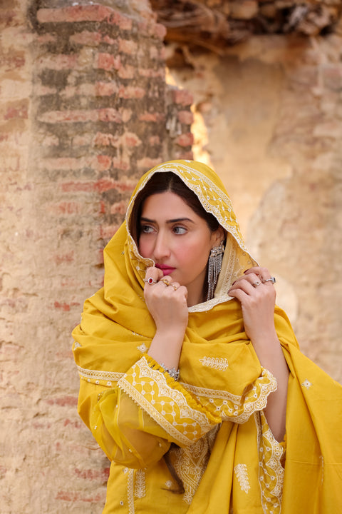 Saadia Ahmed LWSU-25CK306 ChikanKari Mustard with intricate embroidery worn by a model outdoors