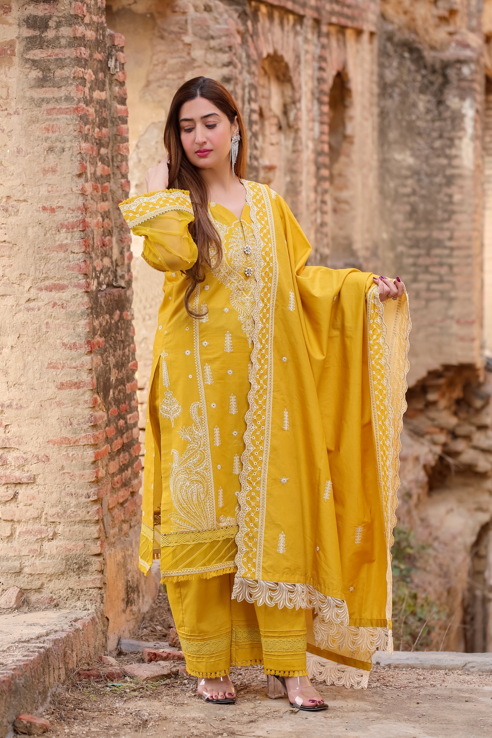 Saadia Ahmed LWSU-25CK306 ChikanKari Mustard Outfit in Elegant Design with Embroidered Details