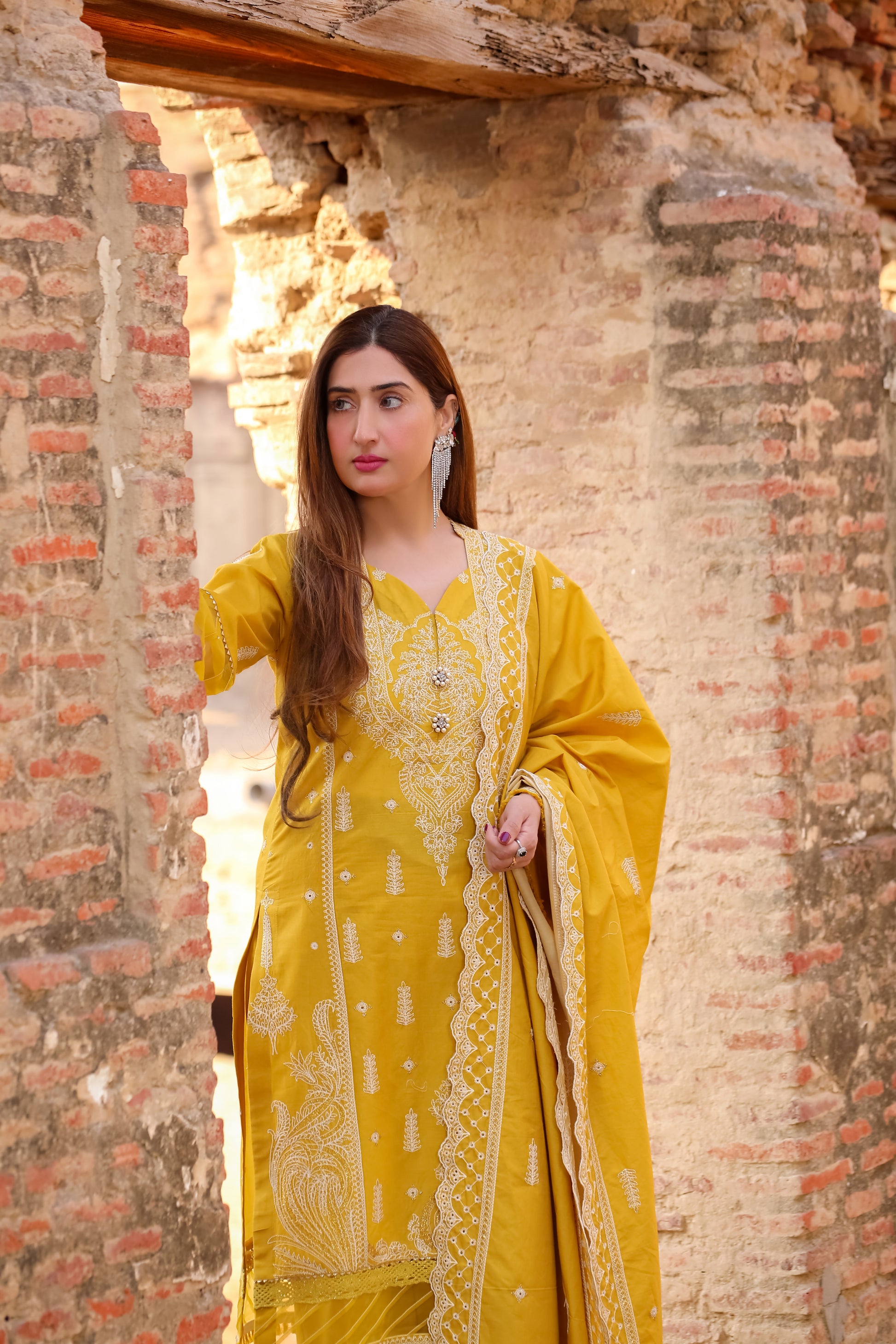 Saadia Ahmed LWSU-25CK306 ChikanKari Mustard Dress with Intricate Embroidery and Elegant Dupatta
