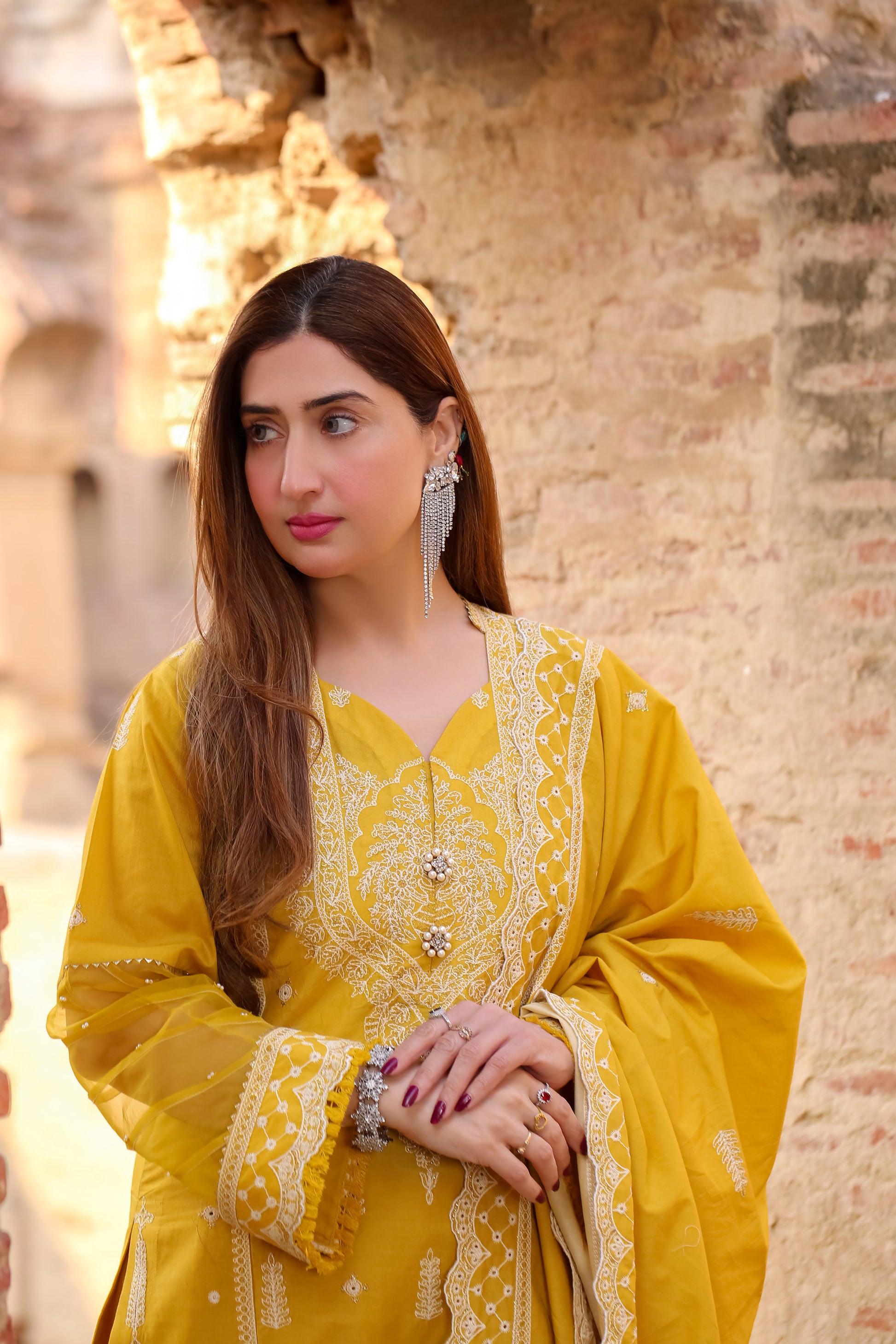 Saadia Ahmed LWSU-25CK306 ChikanKari Mustard Embroidered Dress Featuring Elegant Details