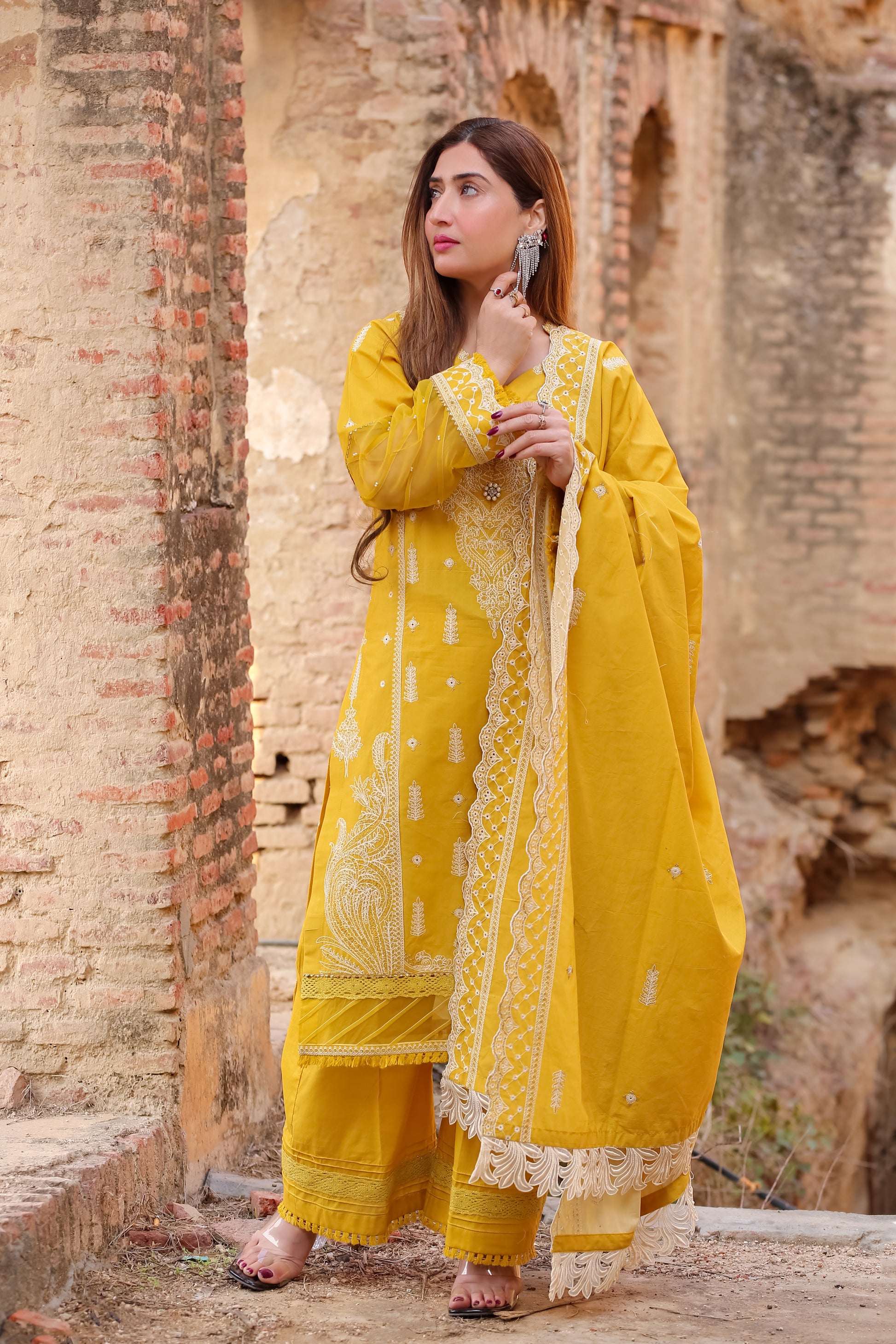 Saadia Ahmed LWSU-25CK306 ChikanKari Mustard outfit featuring intricate embroidery and elegant design
