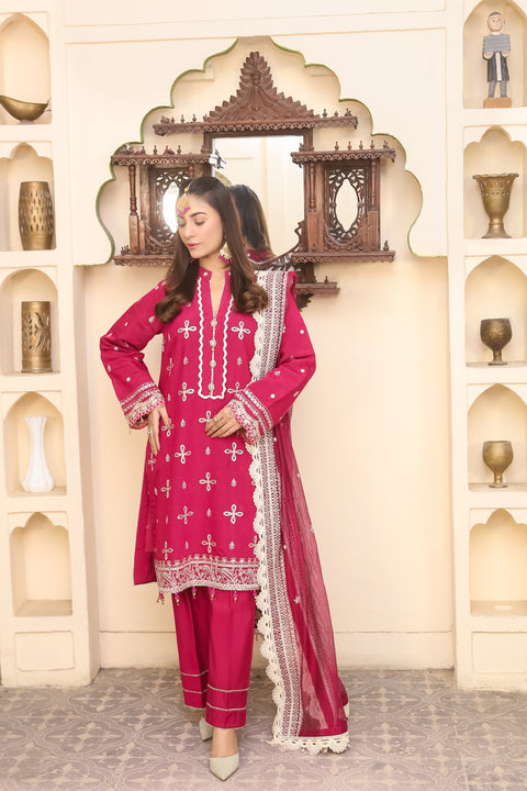 Saadia Ahmed LWSU-25FE301 Embroidered Cotton Silk Festive Outfit in Pink with Intricate Details