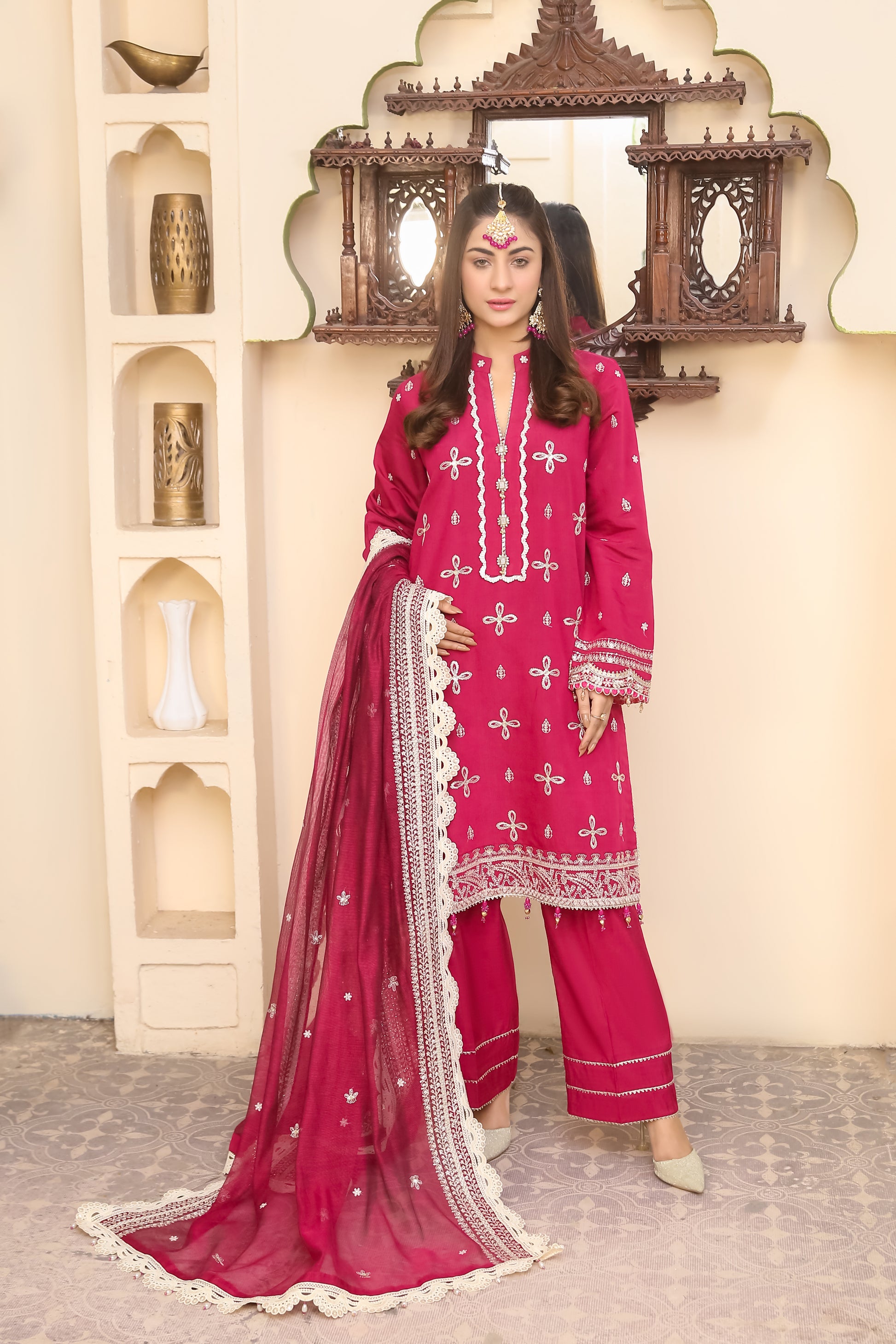 Saadia Ahmed LWSU-25FE301 Embroidered Cotton Silk Festive Outfit in Vibrant Pink with Intricate Details