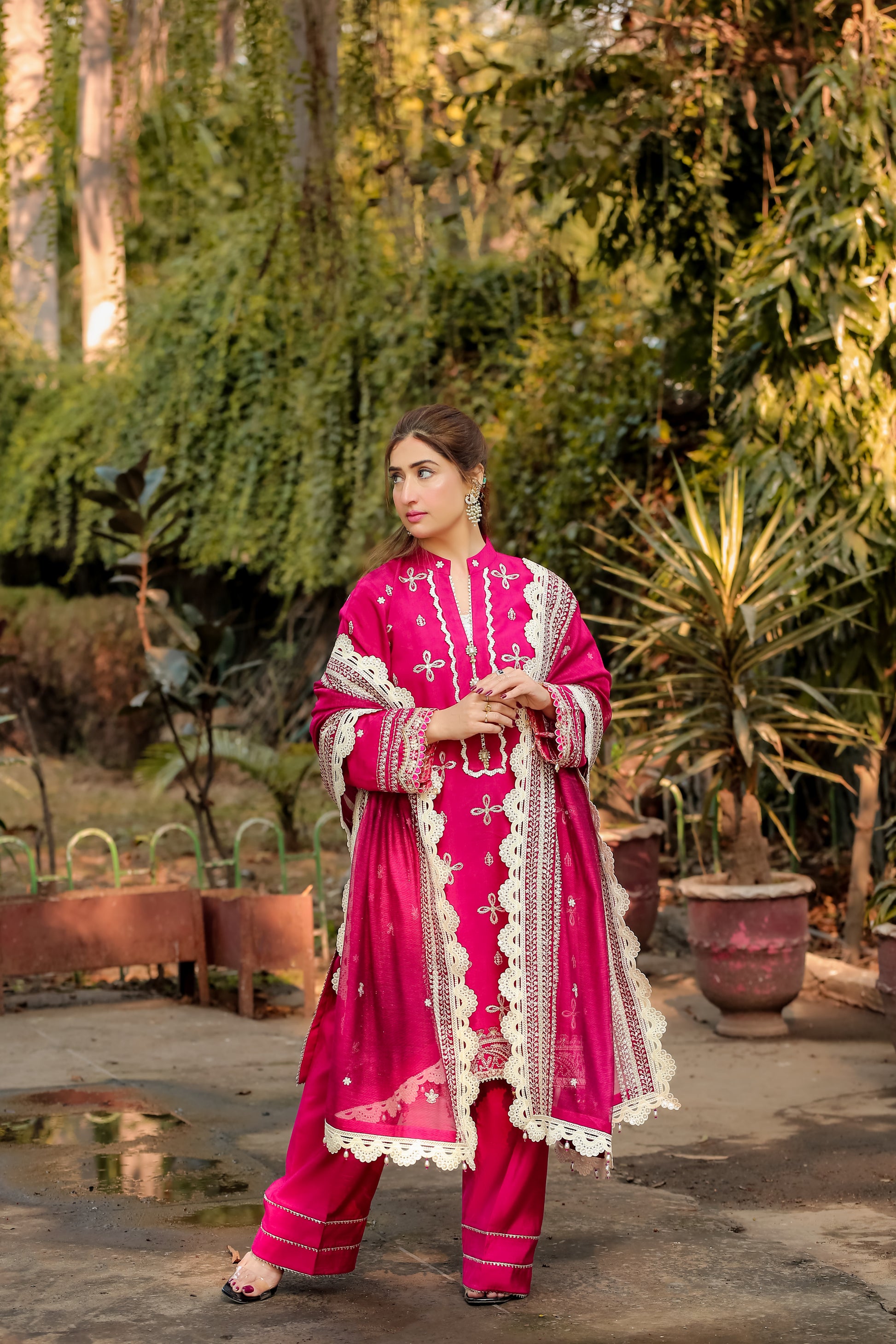 Saadia Ahmed LWSU-25FE301 Embroidered Cotton Silk Festive Outfit in Vibrant Pink with Elegant Lace Trim