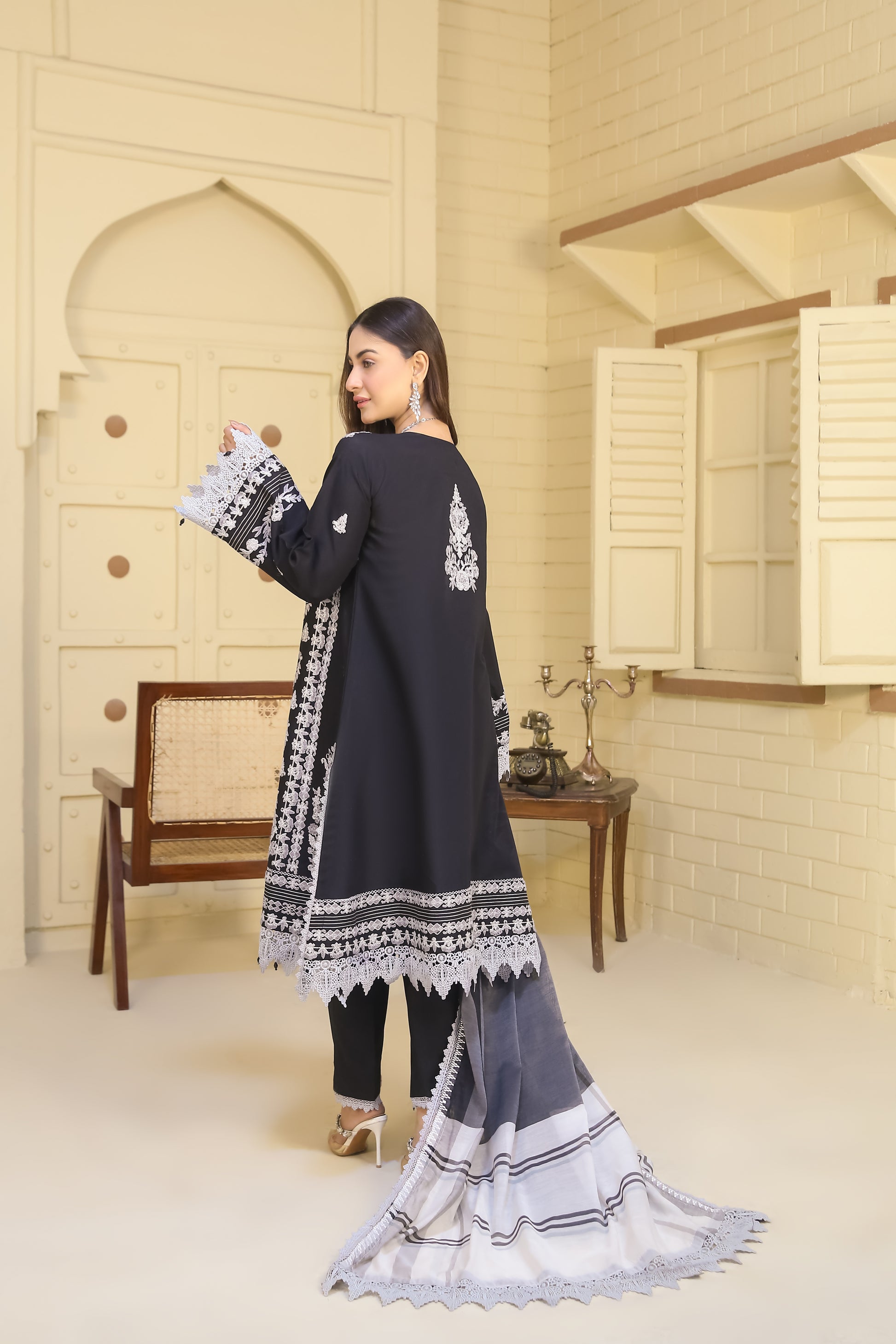 Saadia Ahmed LWSU-25FE303 Embroidered Cotton Silk Dress in Black with Intricate Detailing