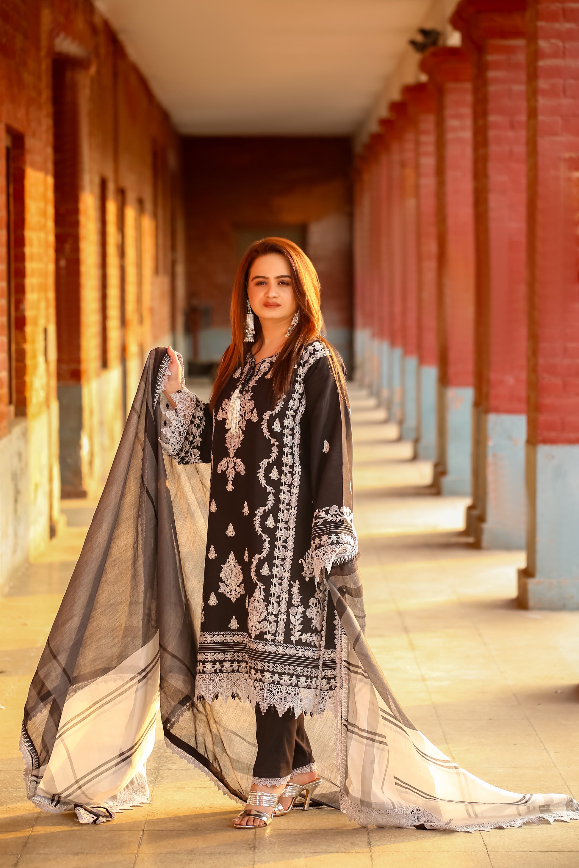 Saadia Ahmed LWSU-25FE303 Embroidered Cotton Silk Dress in Black with Elegant Floral Design