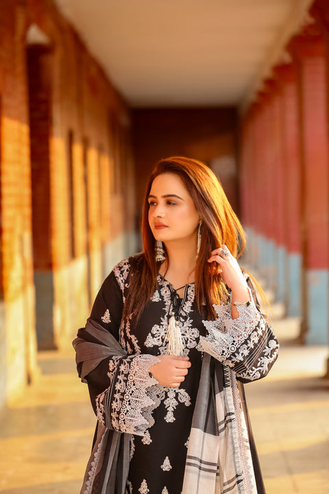 Saadia Ahmed LWSU-25FE303 Embroidered Cotton Silk Dress in a beautiful outdoor setting