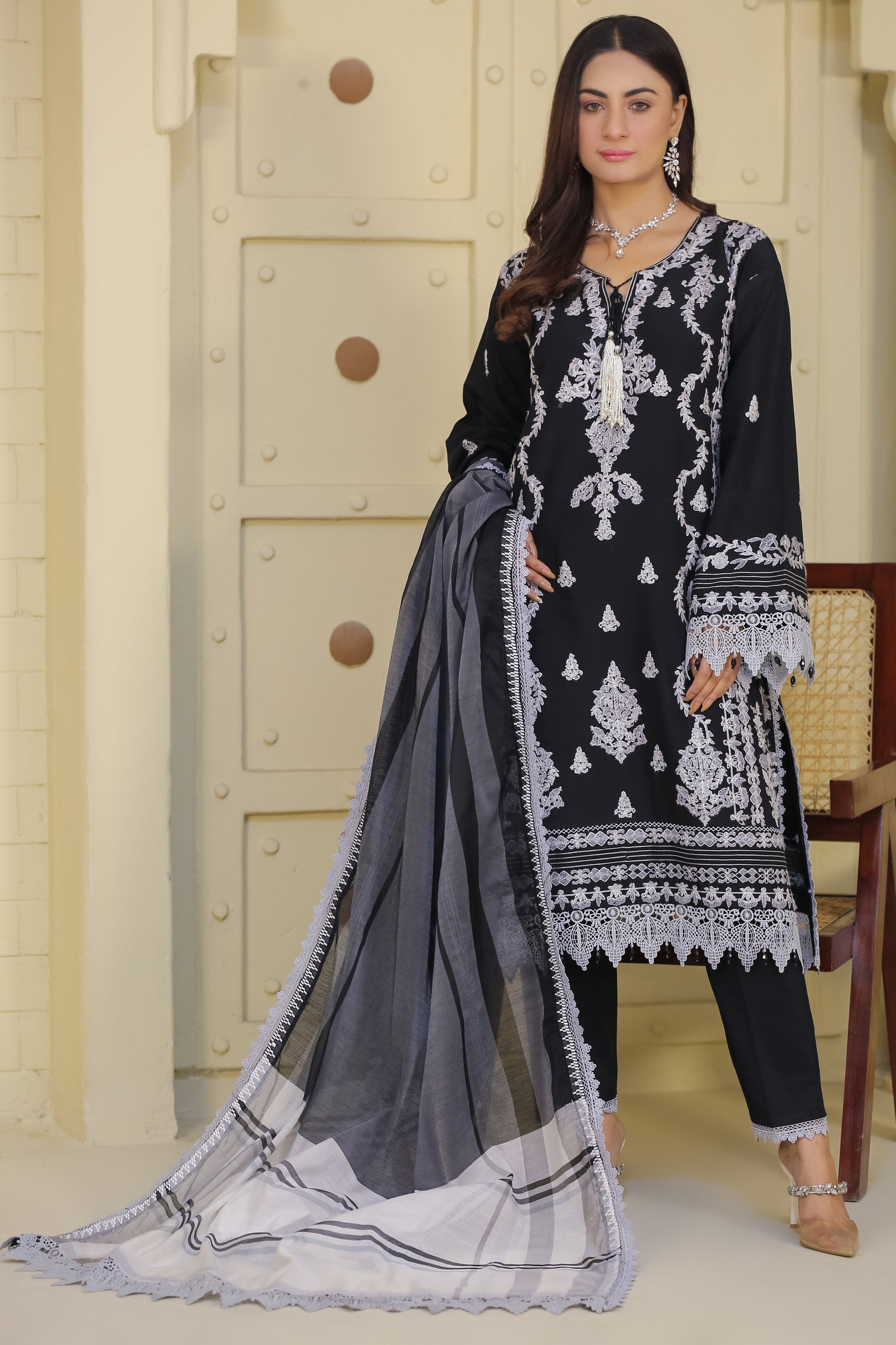 Saadia Ahmed LWSU-25FE303 Embroidered Cotton Silk Dress in Black with Intricate Floral Design