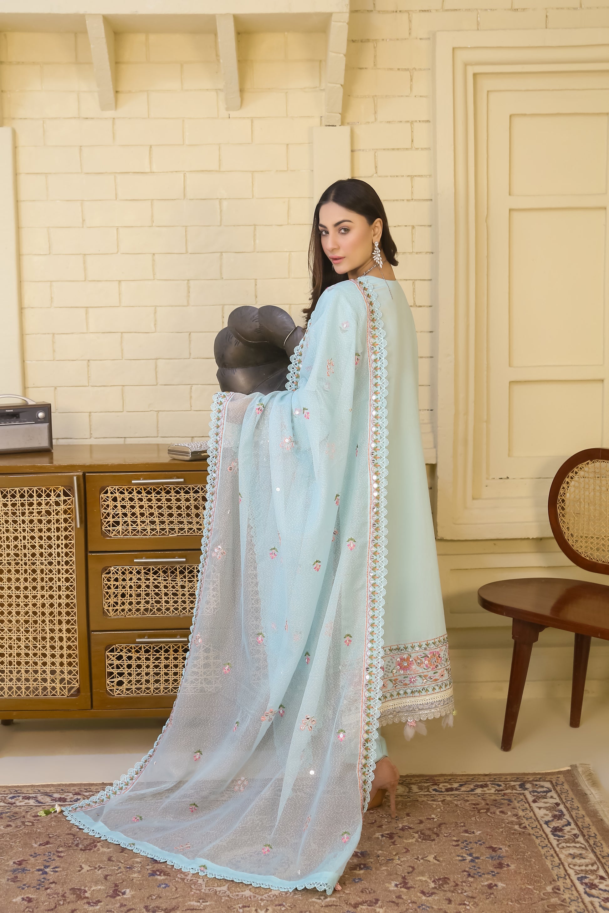 Saadia Ahmed LWSU-25FE304 Embroidered Cotton Net Dress in Light Blue with Elegant Detailing
