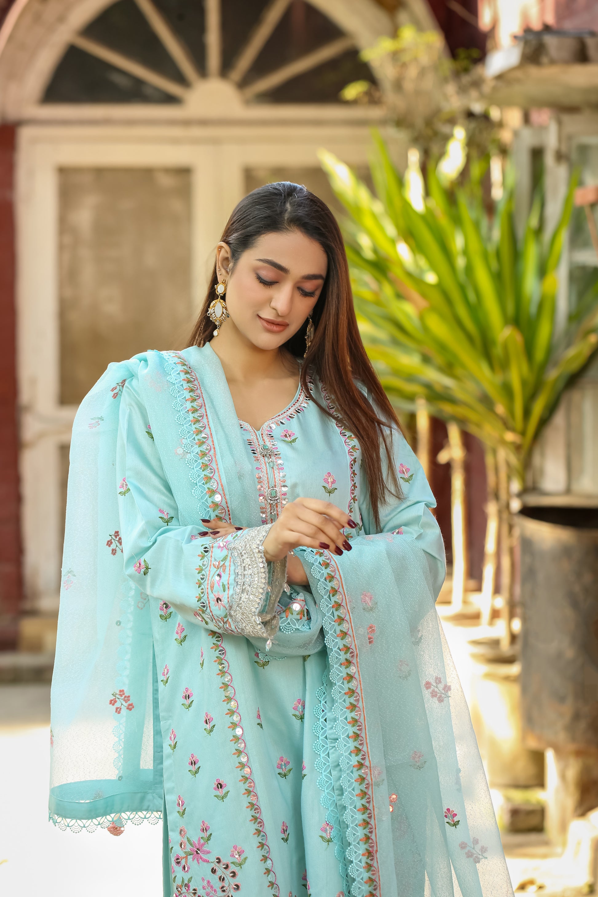 Saadia Ahmed LWSU-25FE304 Embroidered Cotton Net in light blue with floral design and elegant styling