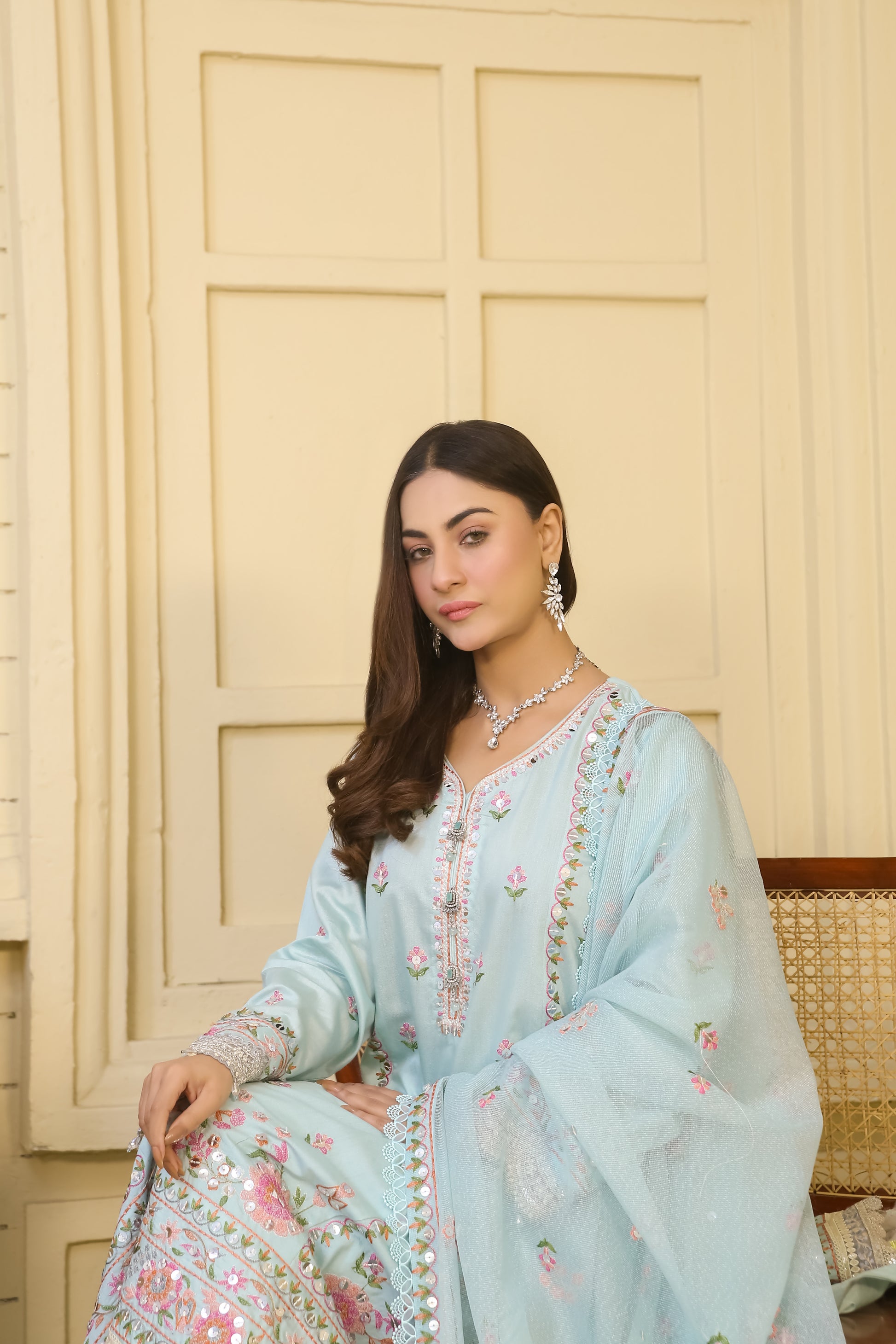 Saadia Ahmed LWSU-25FE304 Embroidered Cotton Net Dress in Light Blue with Floral Designs