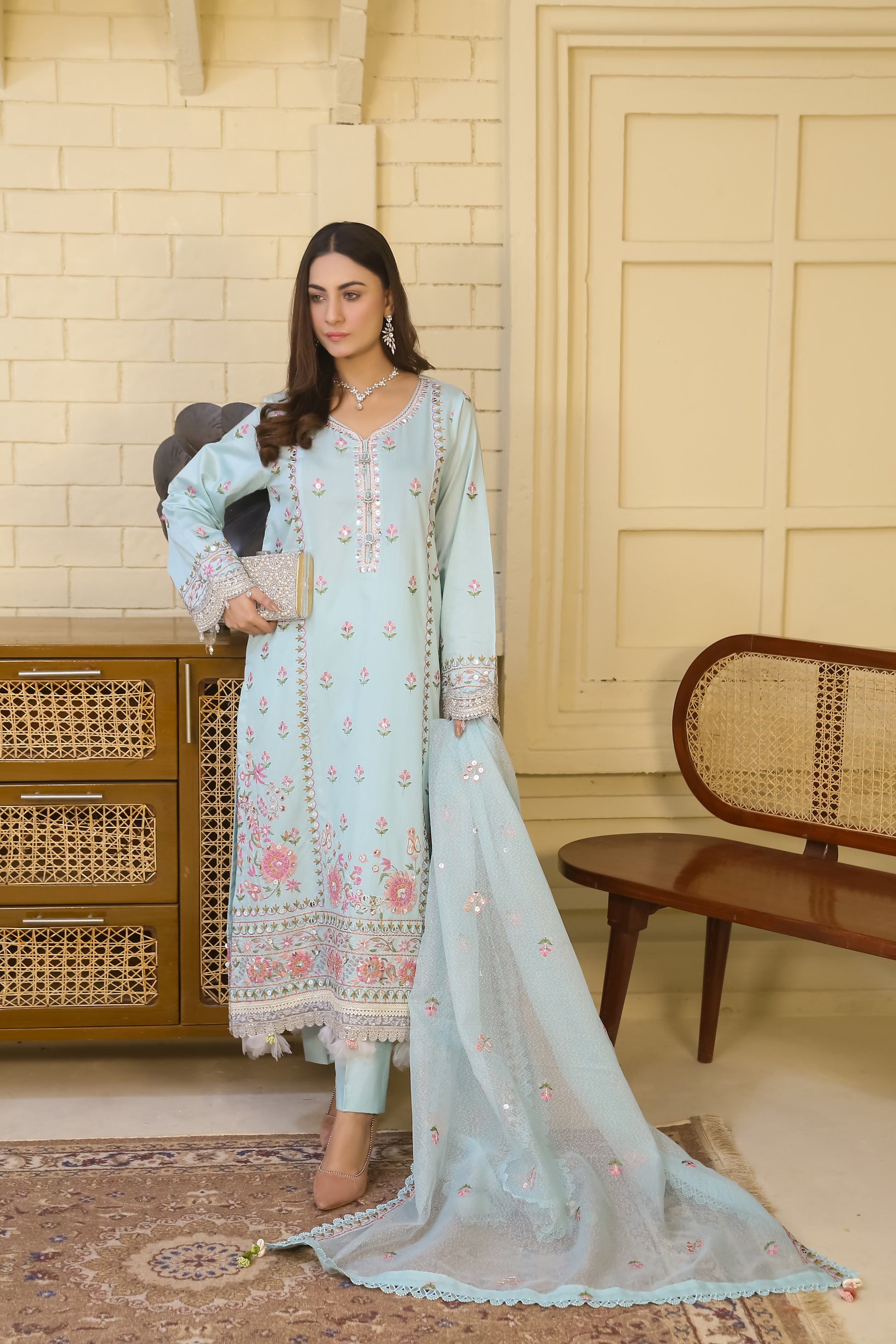 Saadia Ahmed LWSU-25FE304 Embroidered Cotton Net in light blue with floral designs and a matching dupatta