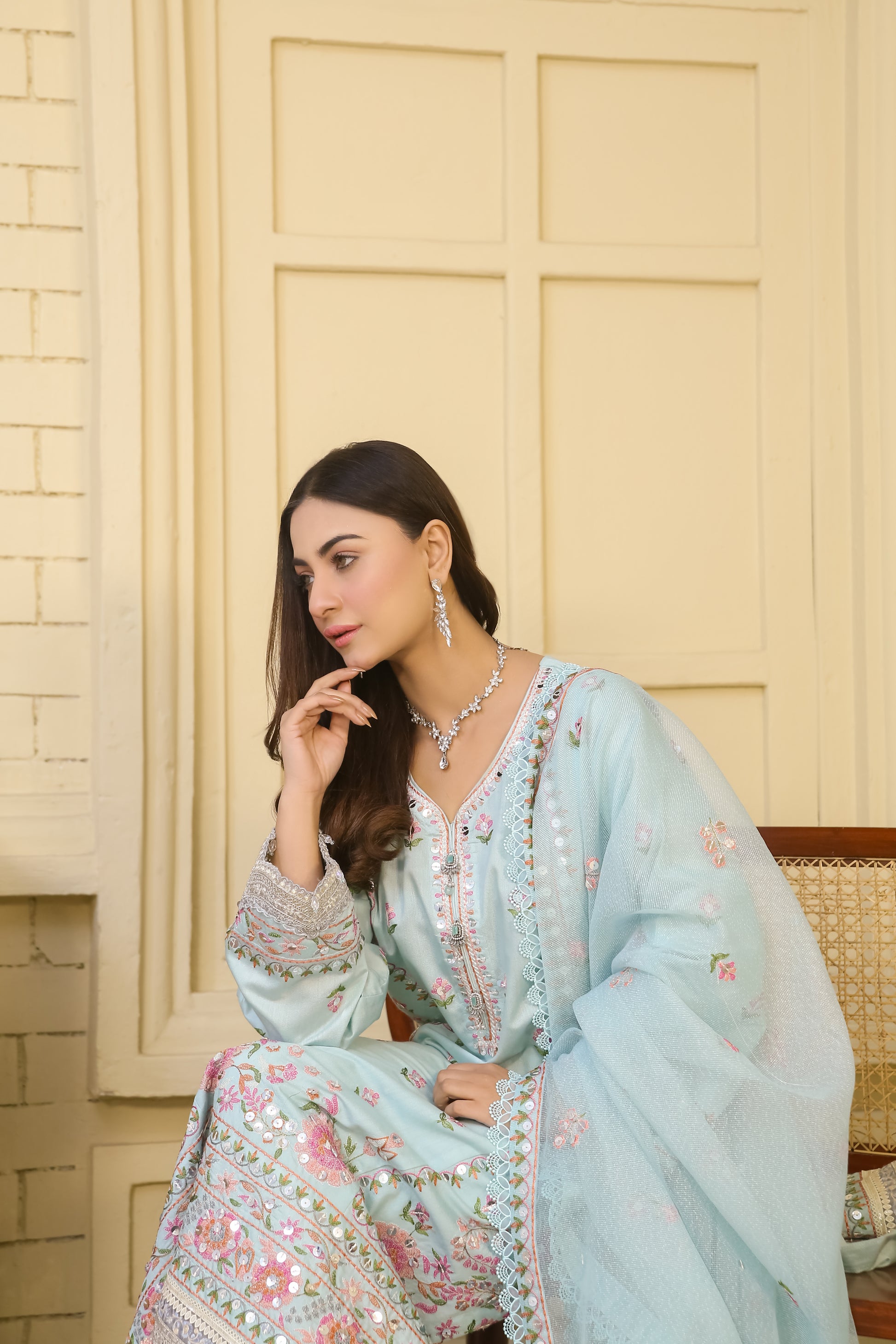 Saadia Ahmed LWSU-25FE304 Embroidered Cotton Net Outfit in Light Blue with Floral Embellishments