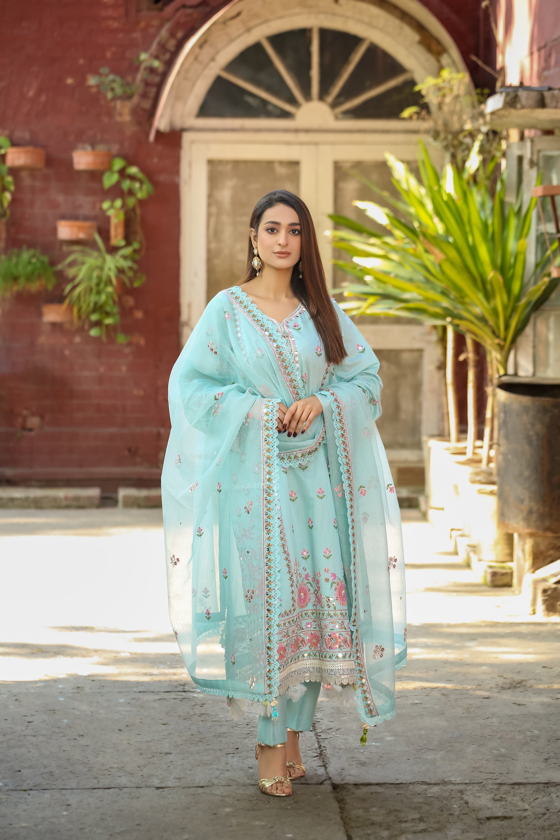 Saadia Ahmed LWSU-25FE304 Embroidered Cotton Net Festive Outfit in Light Blue with Intricate Designs
