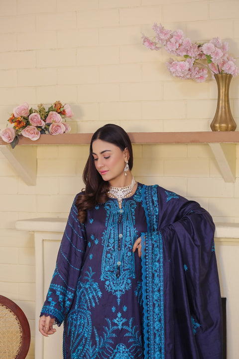 Elegant Saadia Ahmed LWSU-25FE305 Embroidered Raw Silk Festive Attire in Rich Navy Blue