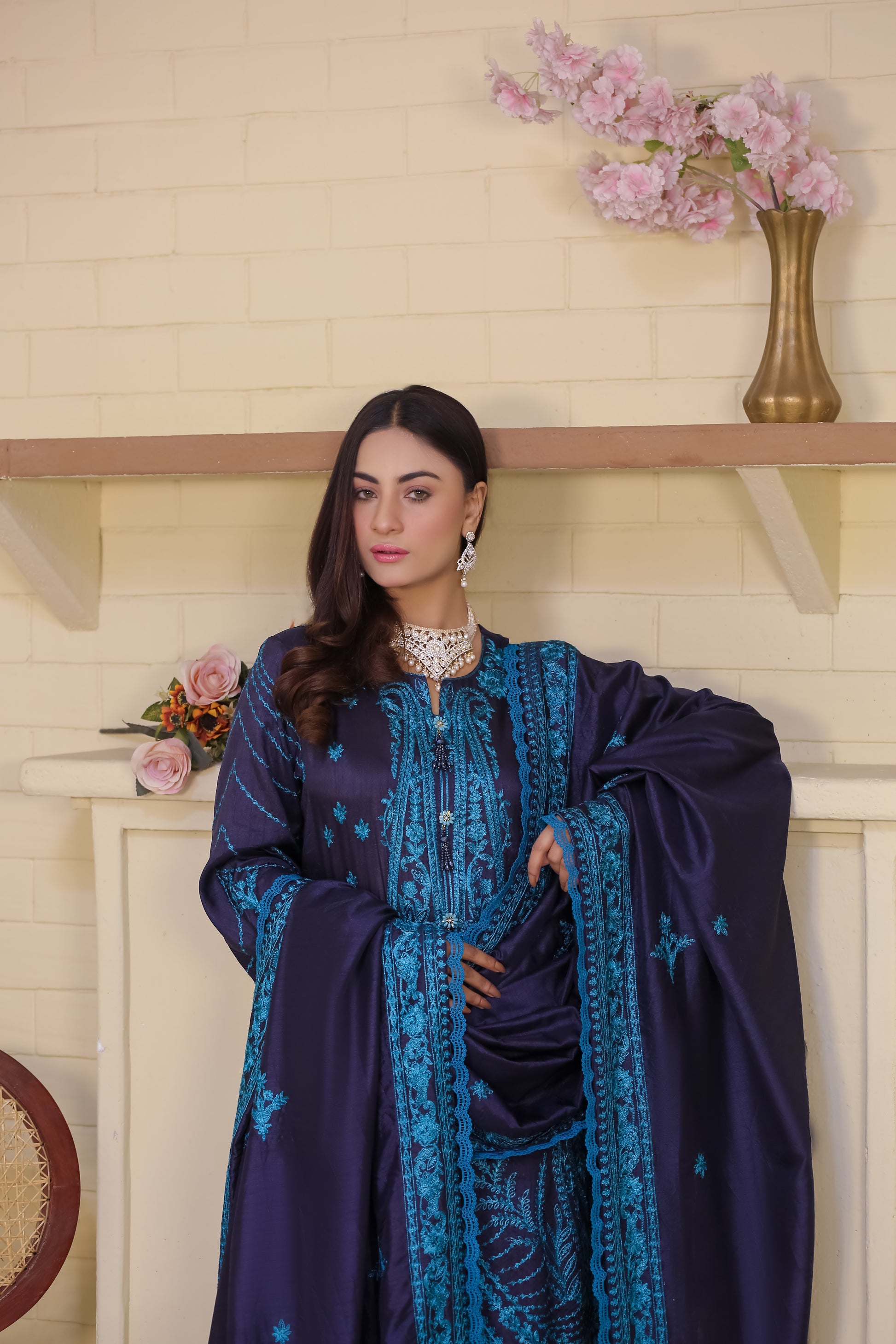 Saadia Ahmed LWSU-25FE305 Embroidered Raw Silk Dress in Navy with Intricate Blue Embroidery and Elegant Styling