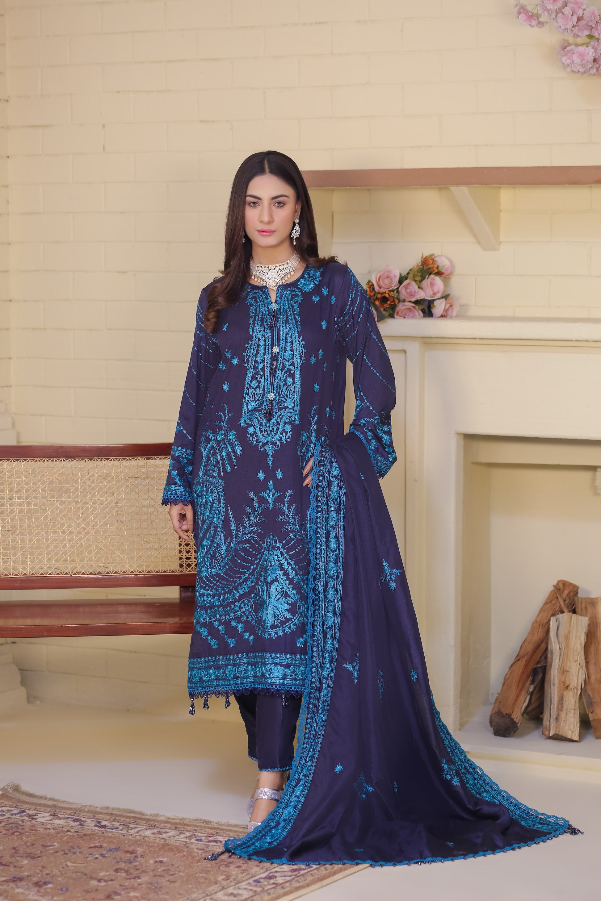 Saadia Ahmed LWSU-25FE305 Embroidered Raw Silk Dress in Navy Blue with Intricate Designs
