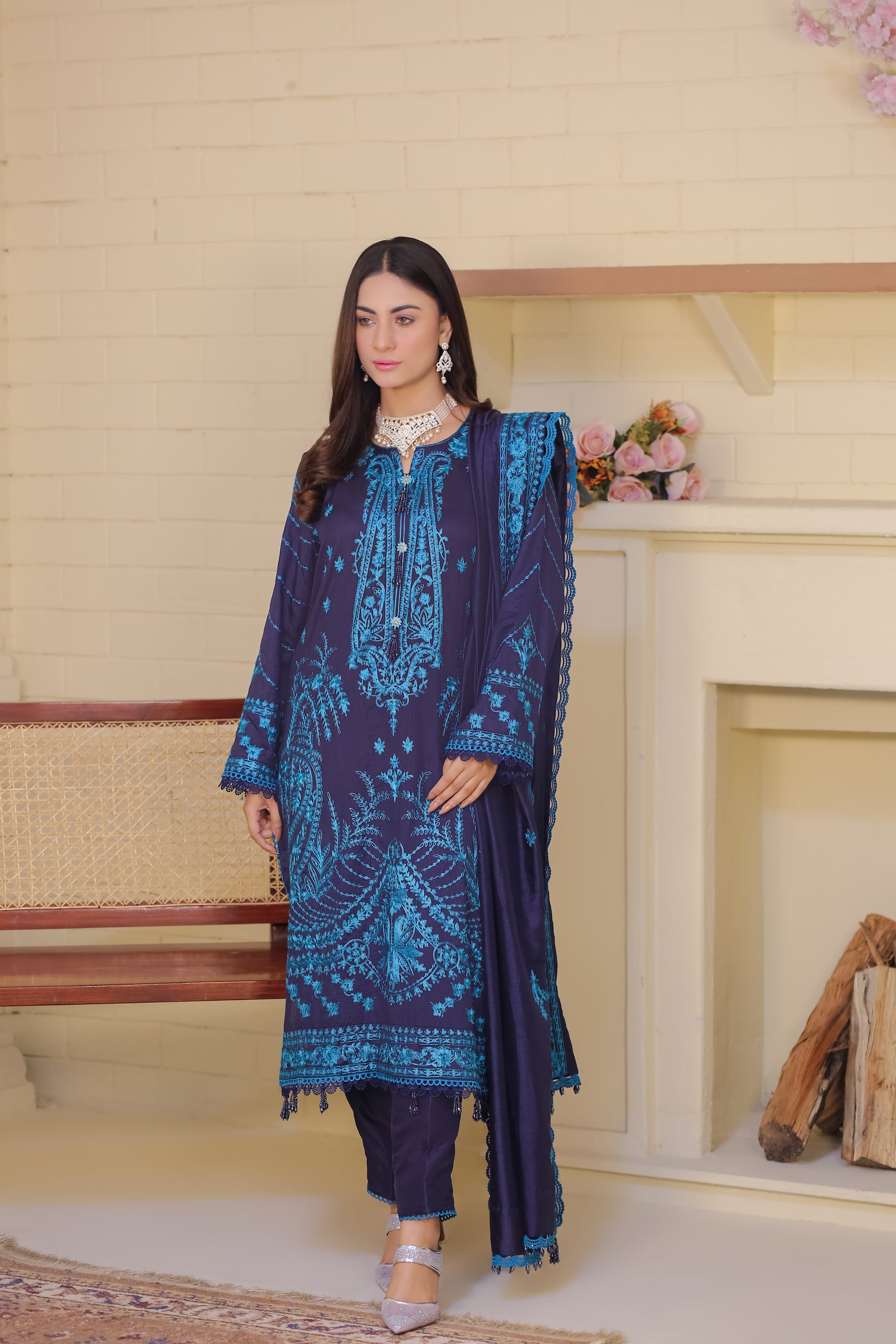 Saadia Ahmed LWSU-25FE305 Embroidered Raw Silk Dress in Navy Blue with Intricate Designs 