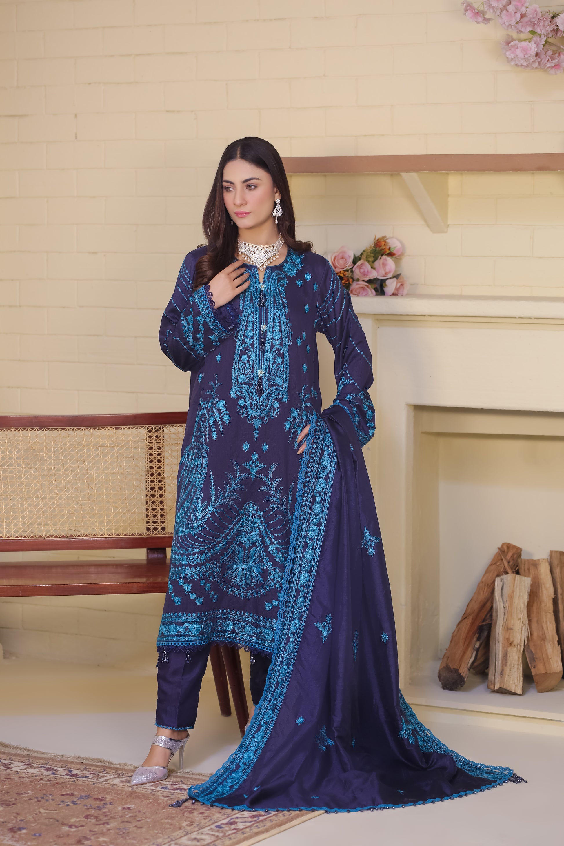 Saadia Ahmed LWSU-25FE305 Embroidered Raw Silk Dress in Navy Blue with Intricate Patterns