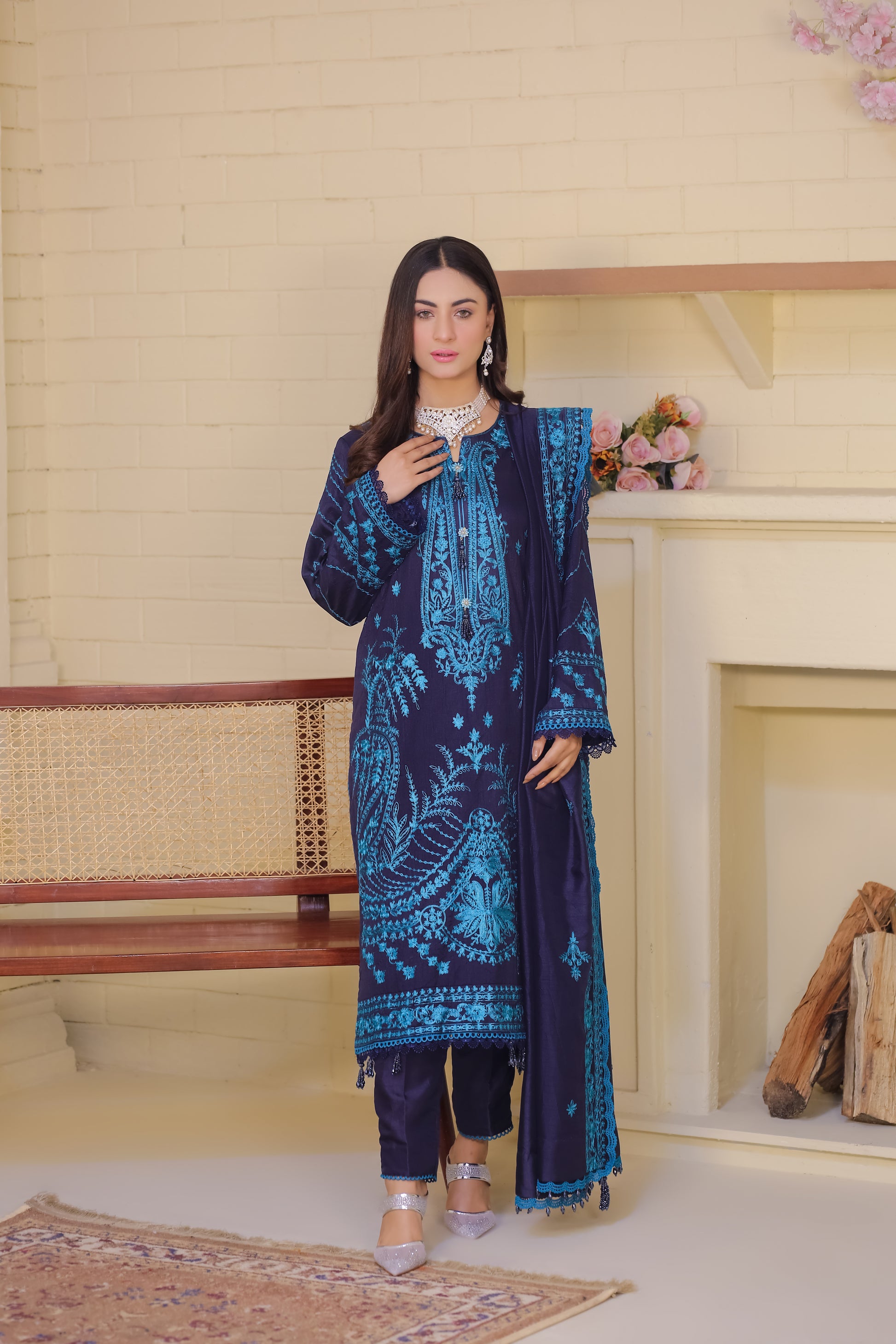 Saadia Ahmed LWSU-25FE305 Embroidered Raw Silk Outfit in Deep Blue with Intricate Embroidery Details